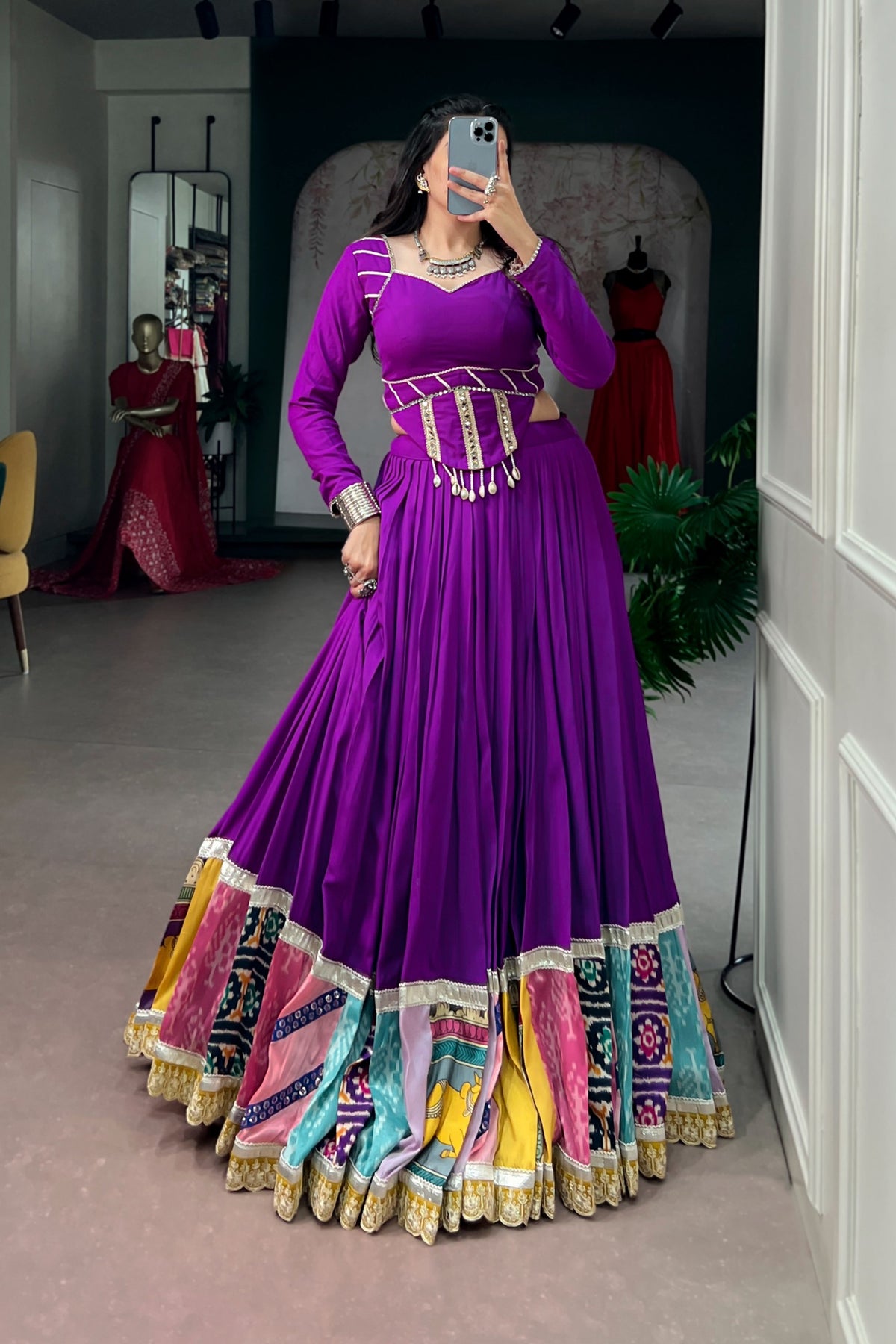 Purple Rayon Navratri Designer Multicolor Patchwork Lehenga Choli