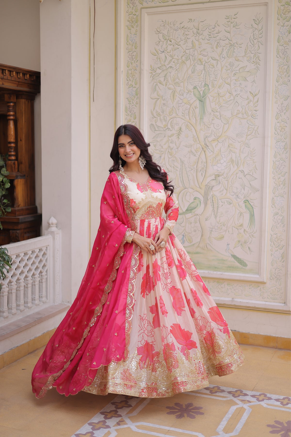 Designer Pink Floral Anarkali Gown with Dupatta Set