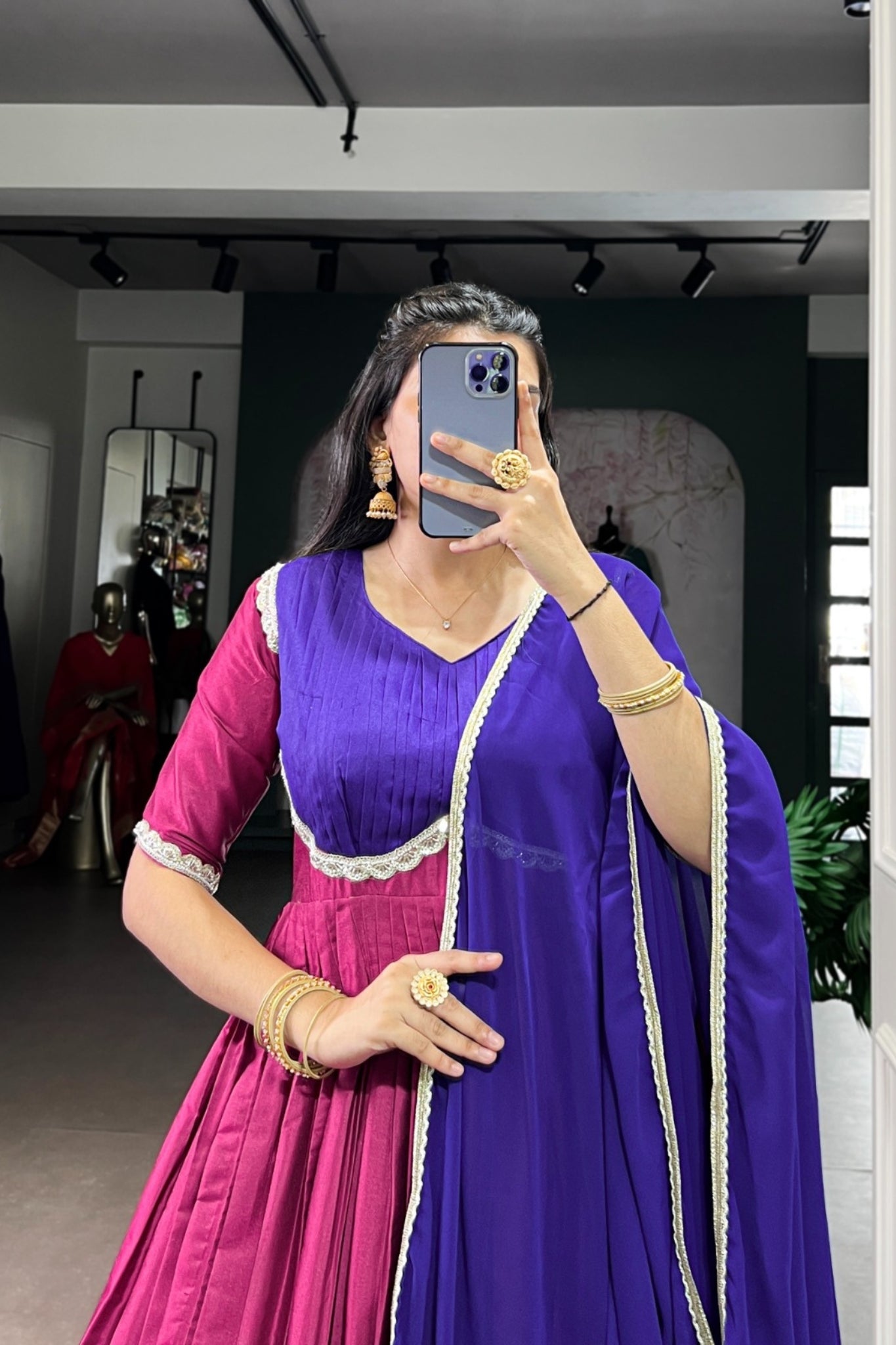 Designer Aura Silk Zari Weaving Gown With Georgette Lace Dupatta