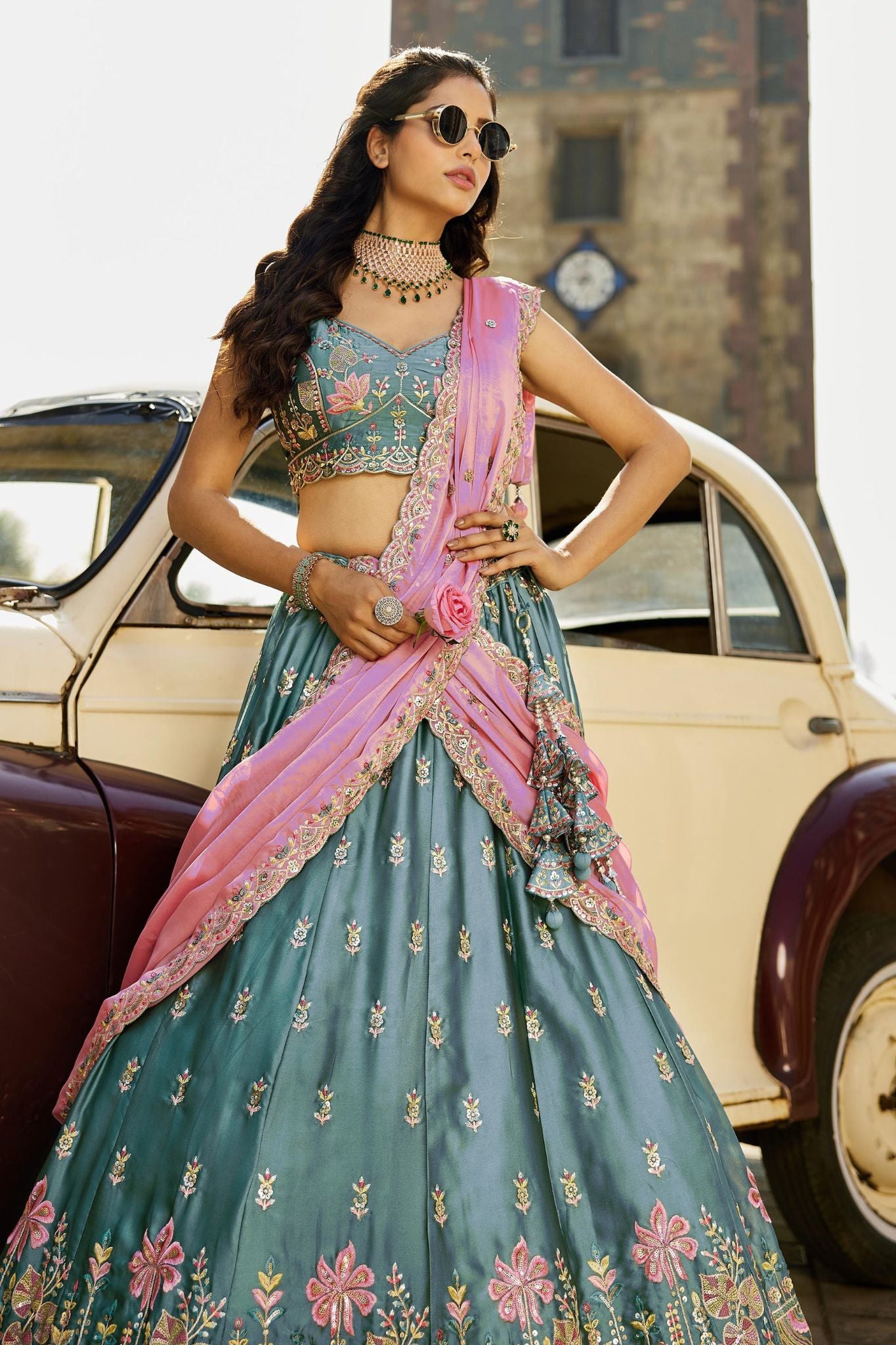 Teal Blue Rangoli Silk Designer Lehenga Choli With Pink Embroidered Dupatta