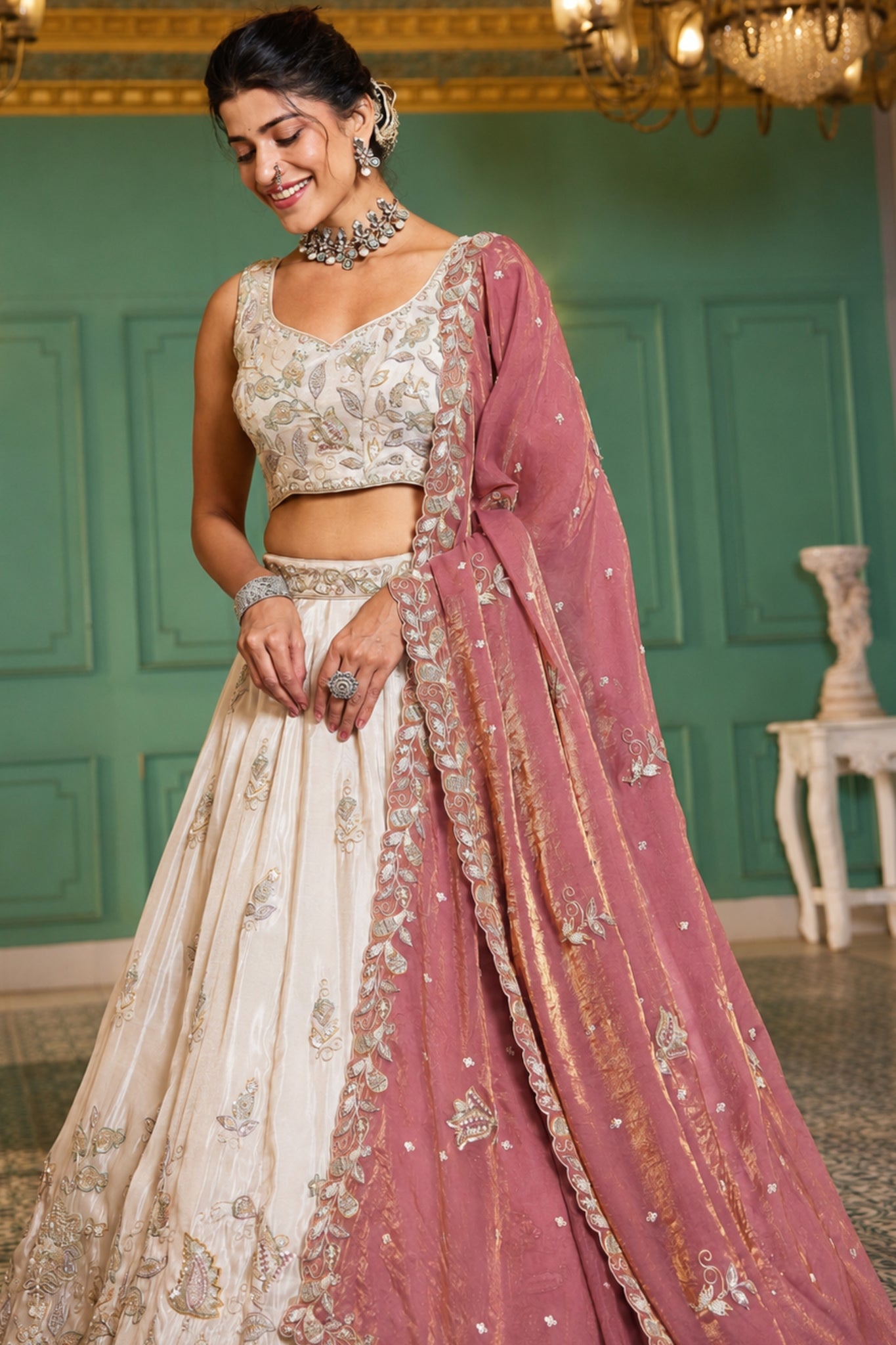Premium Pure Tissue Ivory Cream Designer Lehenga Choli With Pink Fendi Dupatta