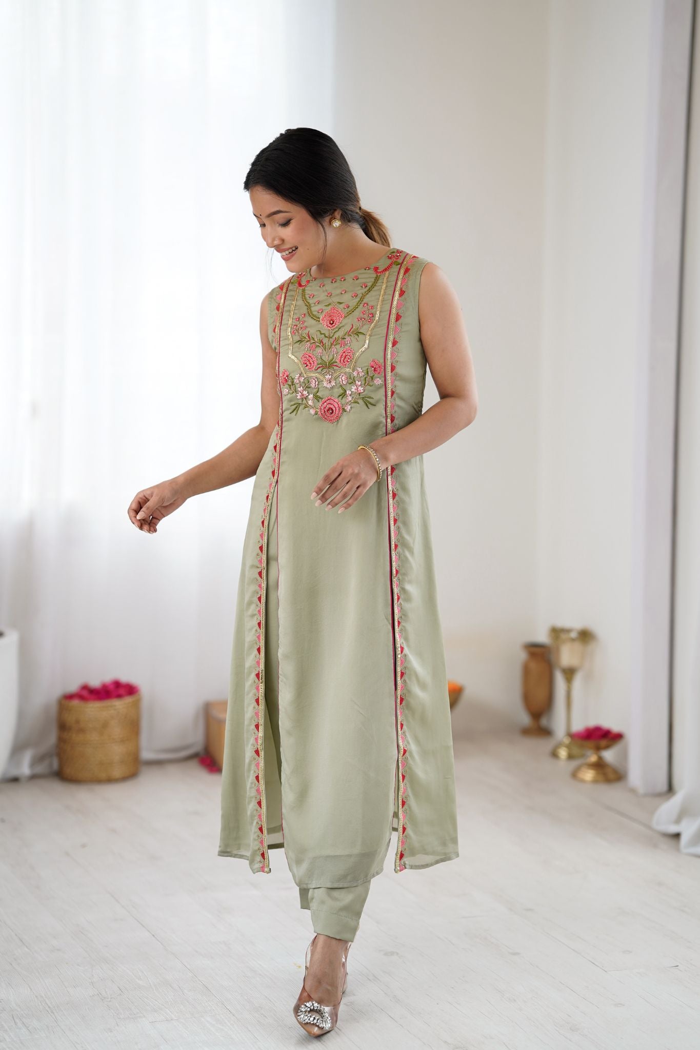 Sage Green Floral Embroidered Designer Kurta Pant Set For Women