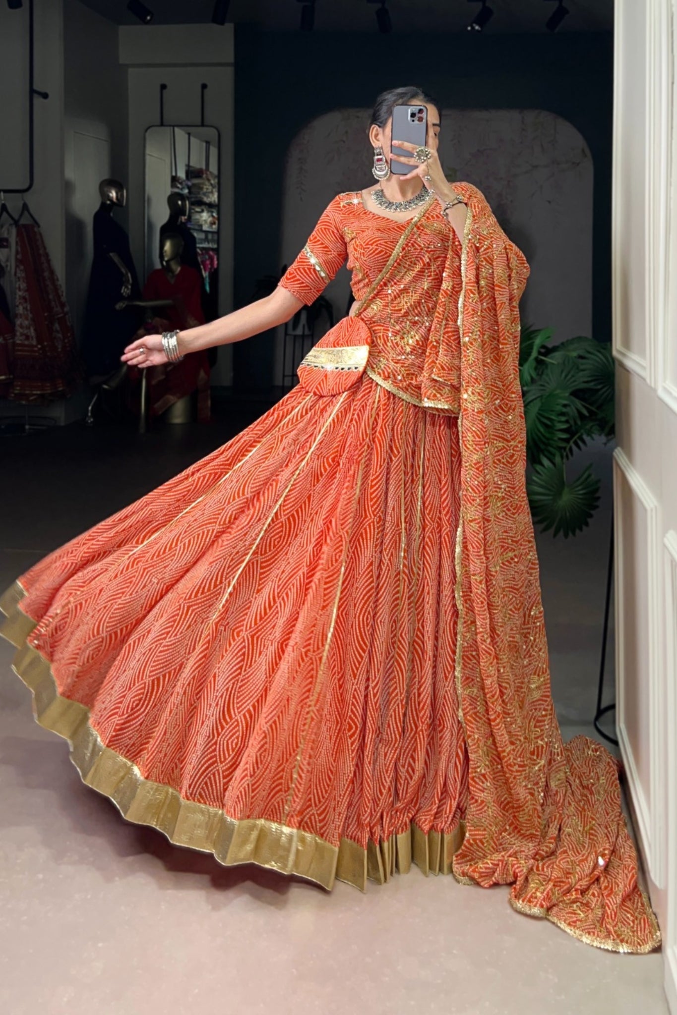 Vibrant Bandhej Print Designer Georgette With Mirror Work Lehenga Choli Set For Wedding And Navratri