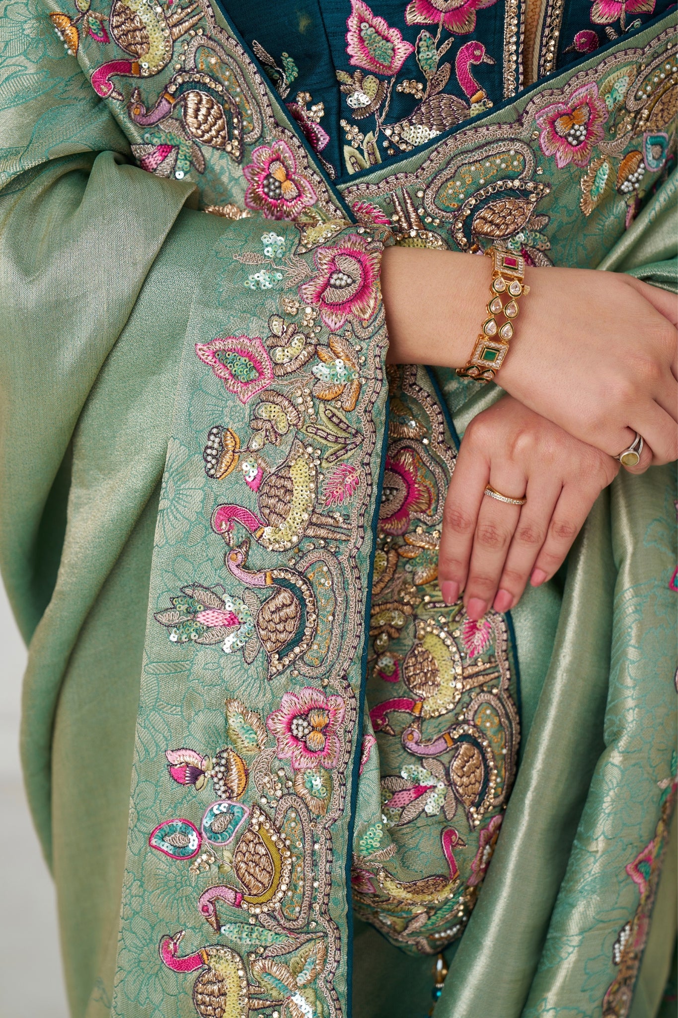 Green Luxury Wedding Saree With Multi-Thread Bead Embroidery & Sequin Work
