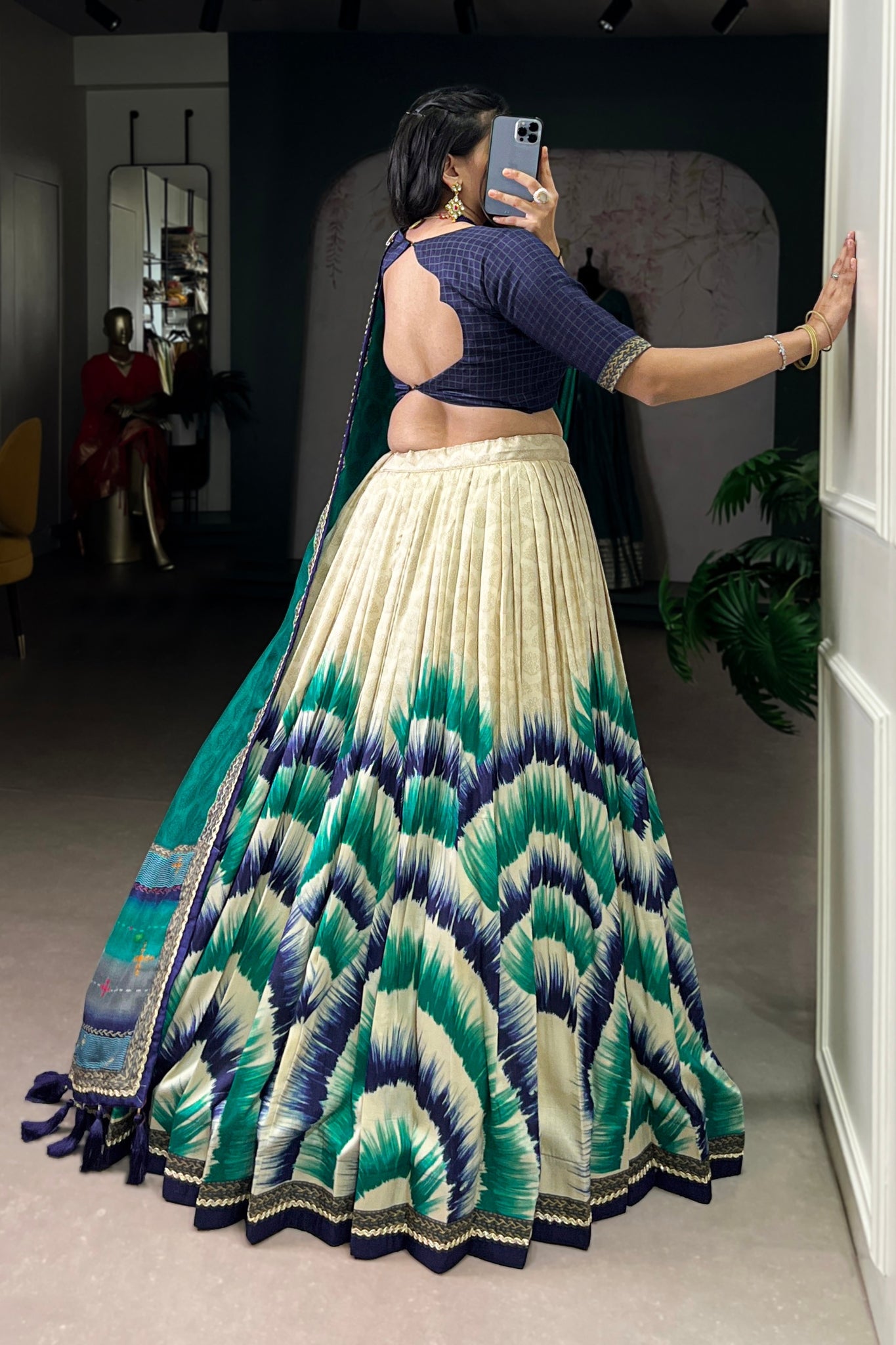 Tasar Silk Tie Dye Lehenga Set With Printed Dupatta And Chex Blouse