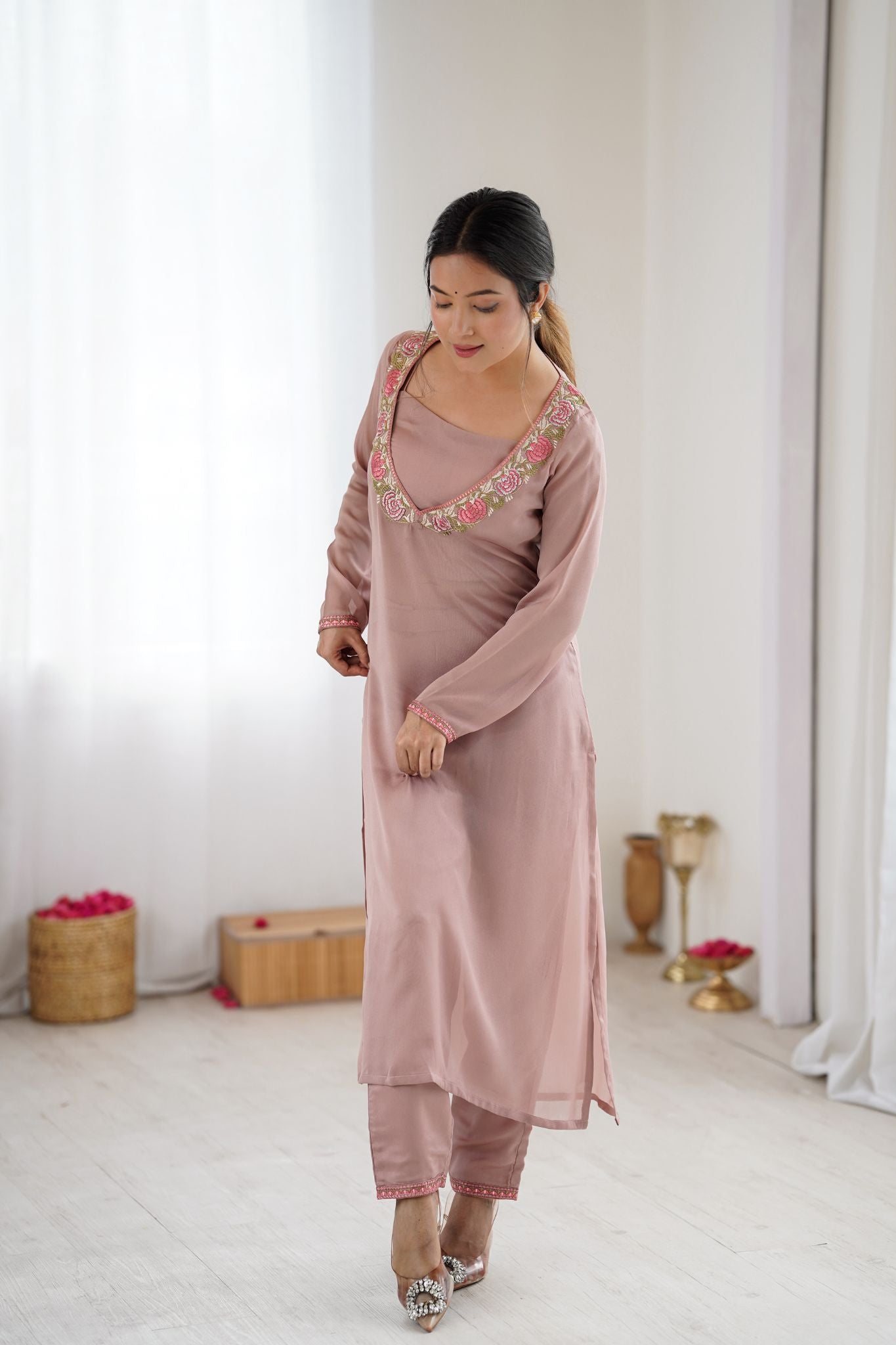 Dusty Rose Floral Embroidered Designer 3 Piece Co-Ord Set for Women