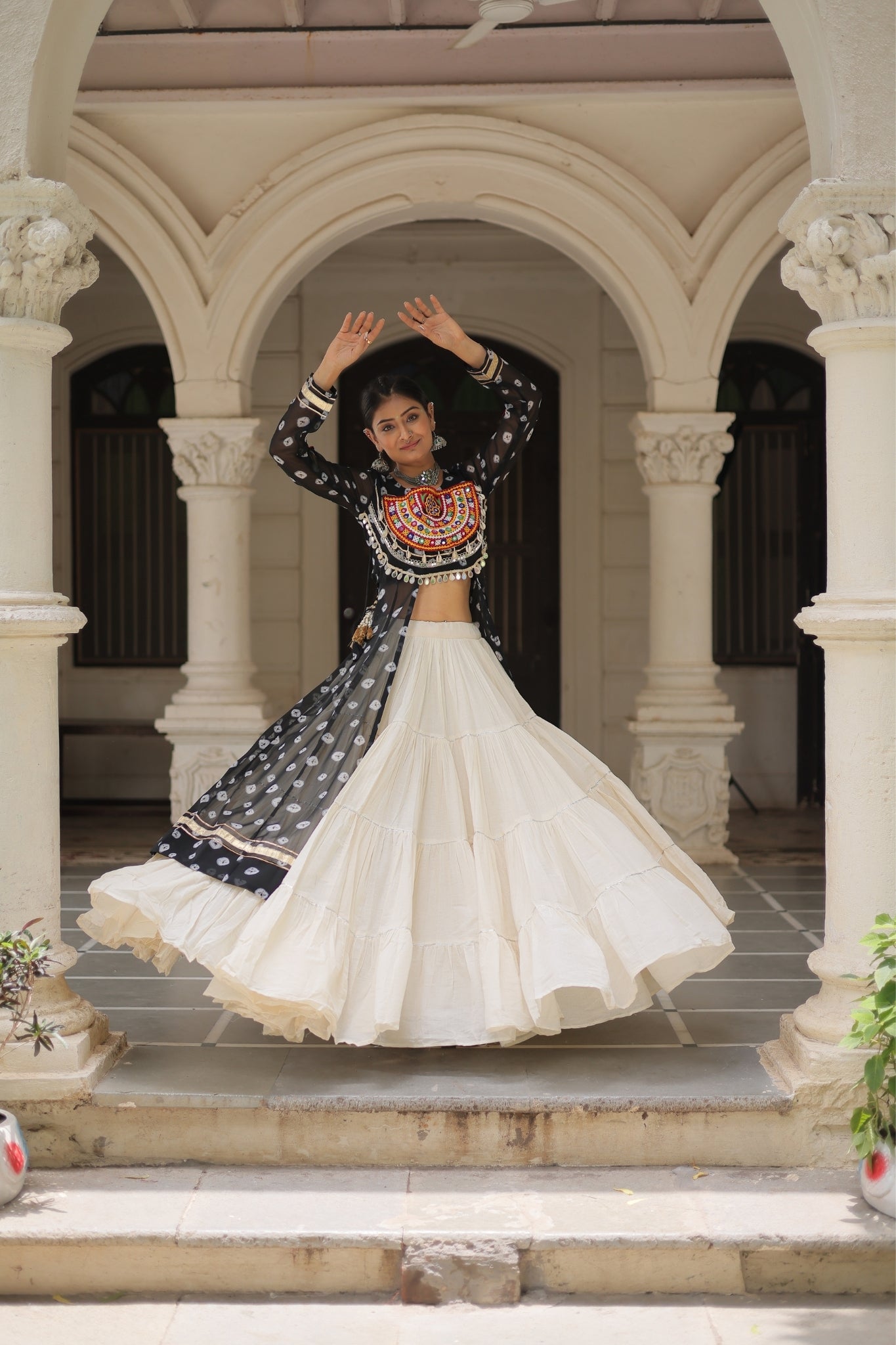 Kora Cotton Stylish Frill Stitching Beautiful Navratri Lehenga With Bandhani Printed Kurti