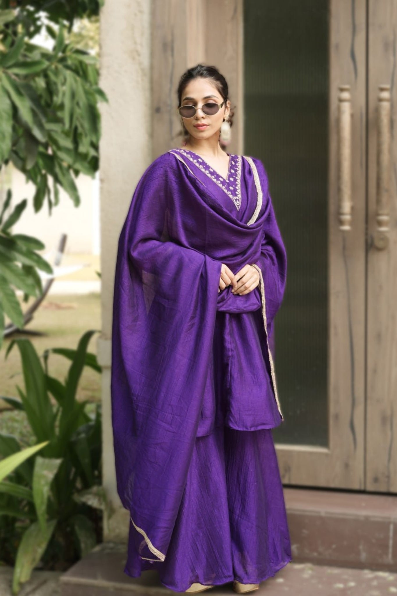 Royal V-Neck Embroidered Palazzo Suit Set With Designer Dupatta For Festive And Wedding Wear