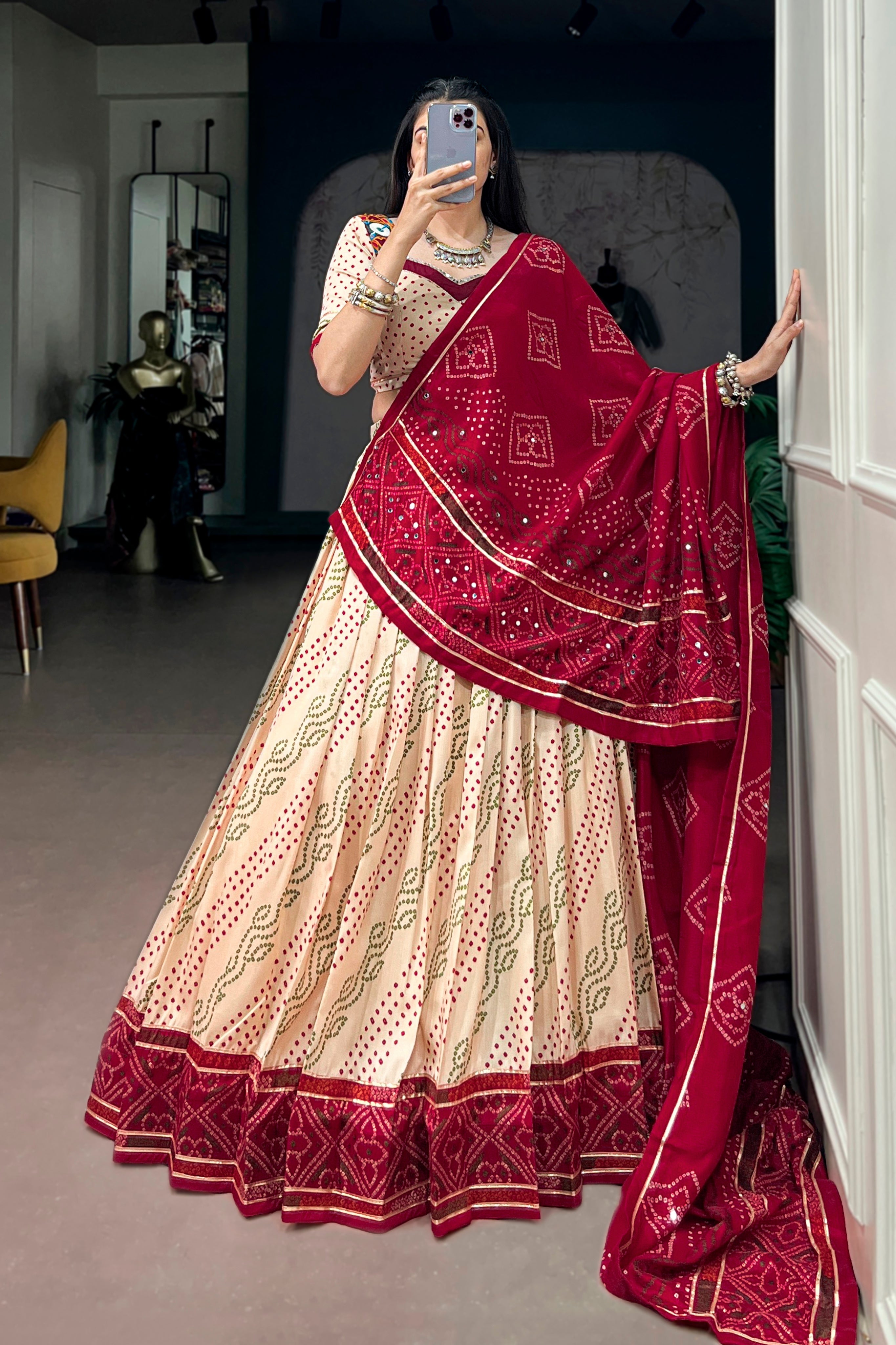 Tasar Silk Bandhani Print Designer Lehenga Choli for Navratri