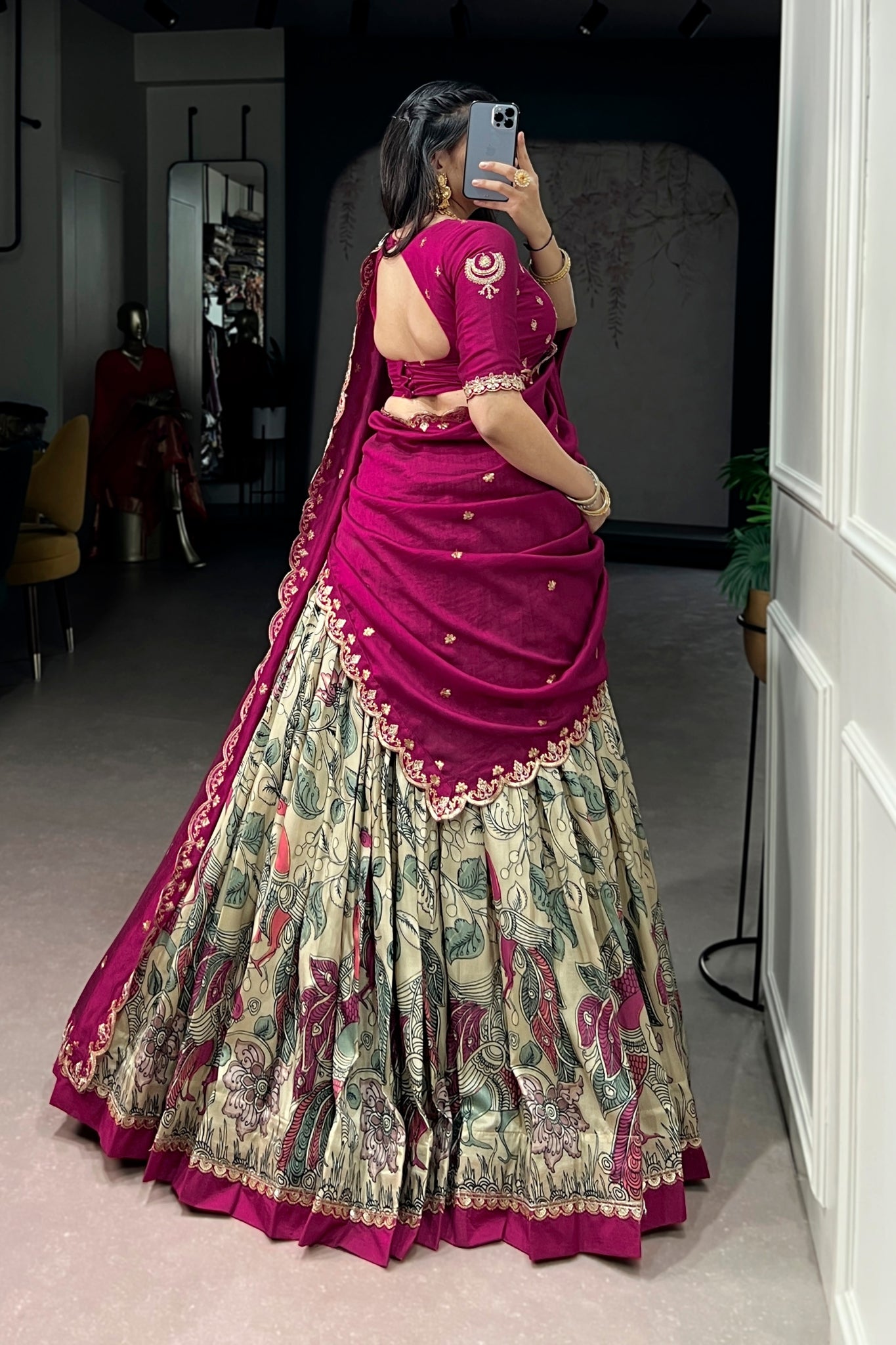 Premium Kalamkari Tasar Silk Lehenga Choli With Embroidered Dupatta