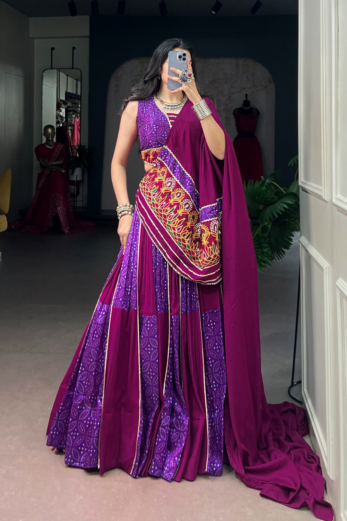 Tasar Silk Bandhej Print Panelled Lehenga With Gamthi Work Designer Lehenga Choli For Navratri