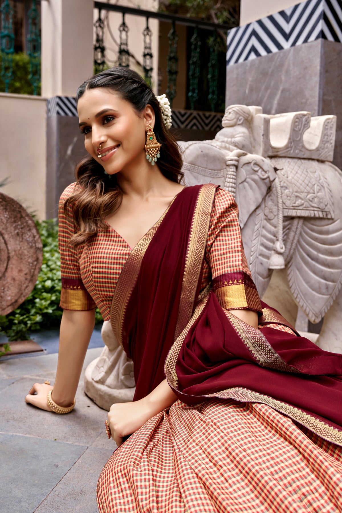 Maroon Kanchi Cotton Chex Designer Festive Wear Lehenga Choli