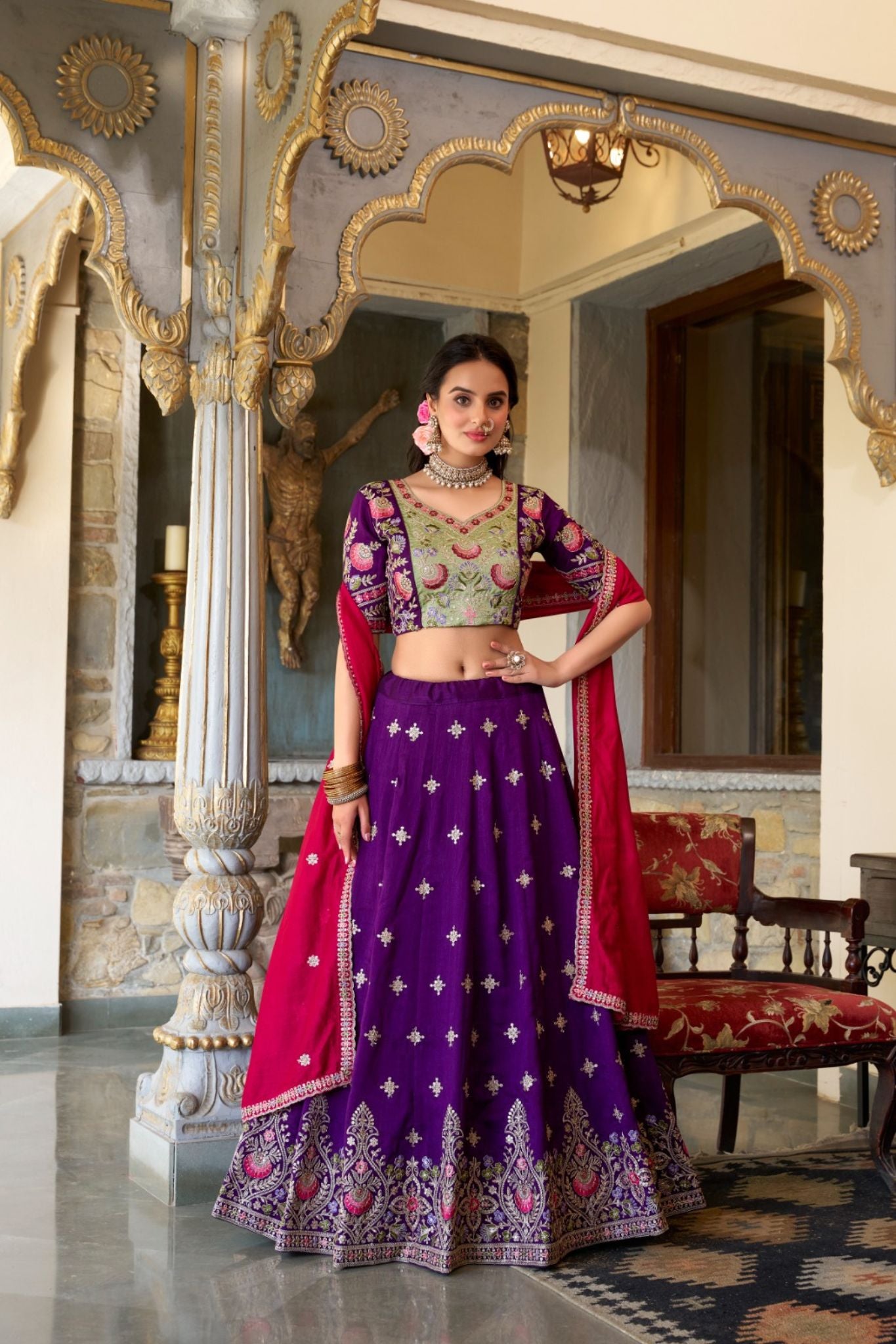 Purple Vichitra Silk Pearl Coding Sequins Embroidery Work Lehenga Choli