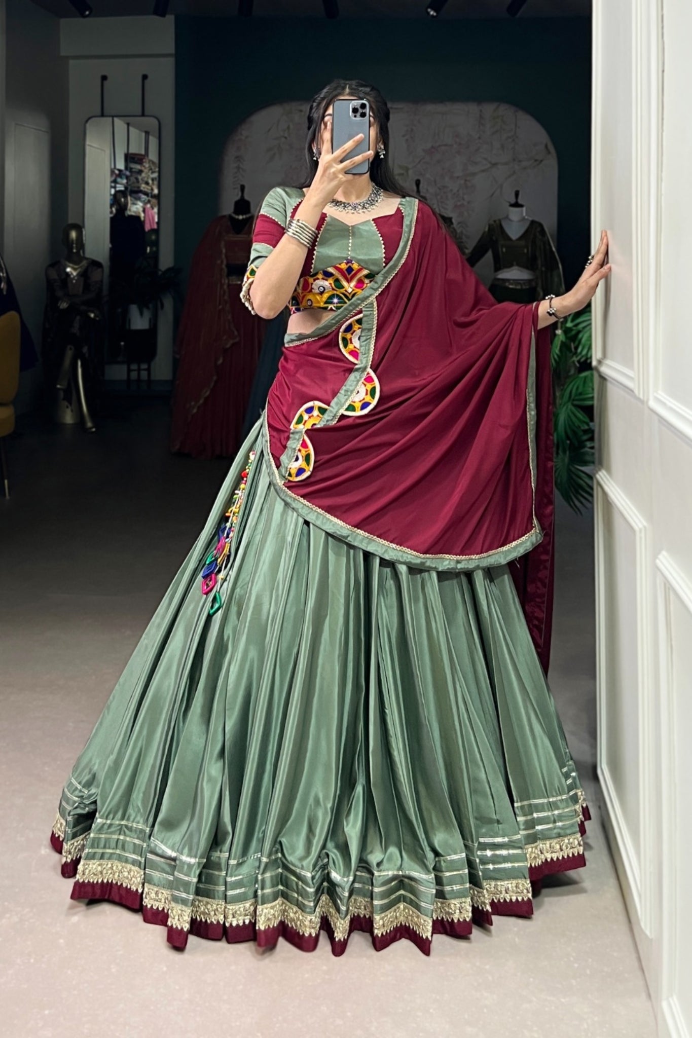 Traditional Original Mirror Gamthi Work With Embroidered Gotta Patti Lace Touch Up Navratri Lehenga Choli