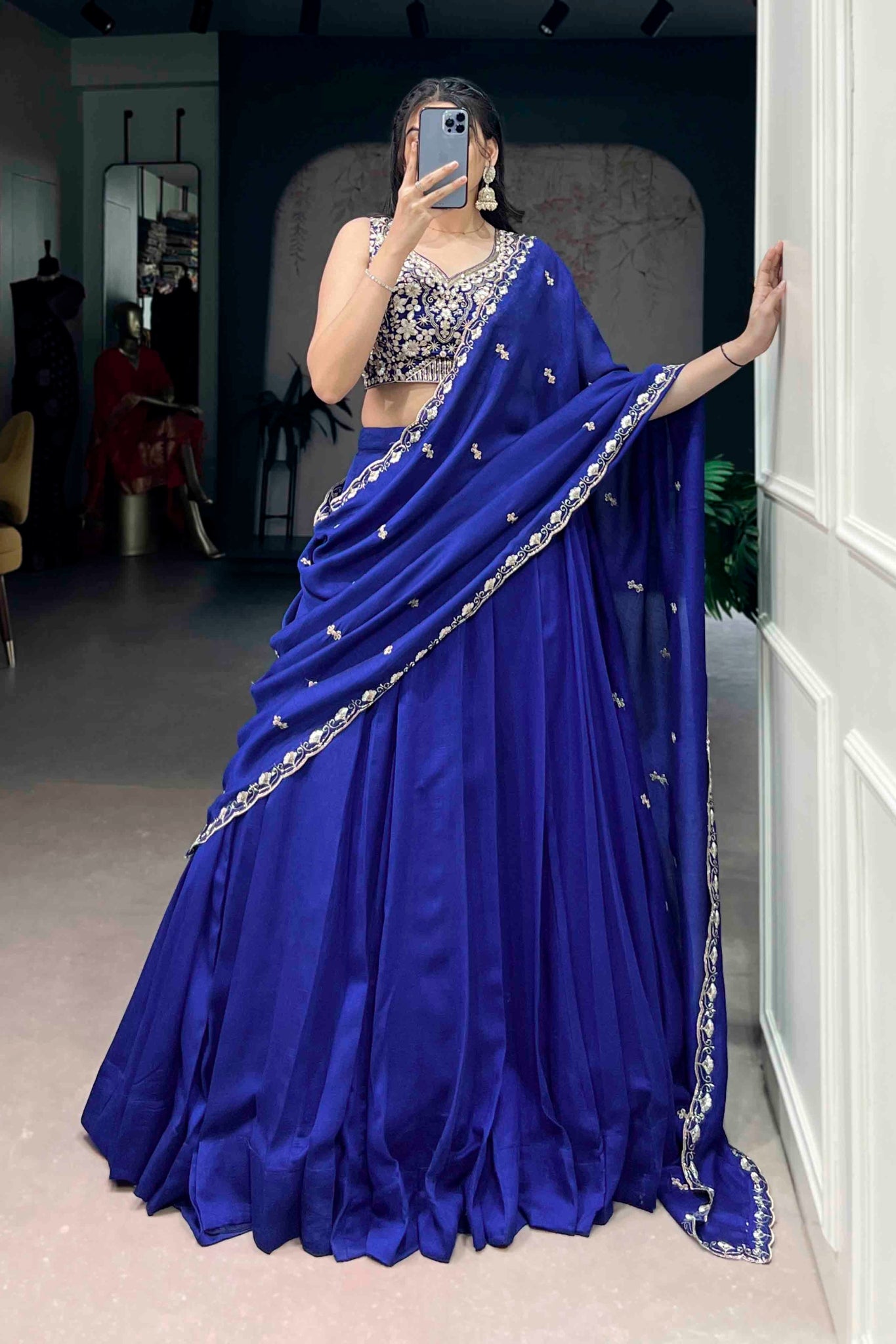 Royal Blue Kashmiri Lehenga Set With Heavy Embroidered Blouse And Dupatta