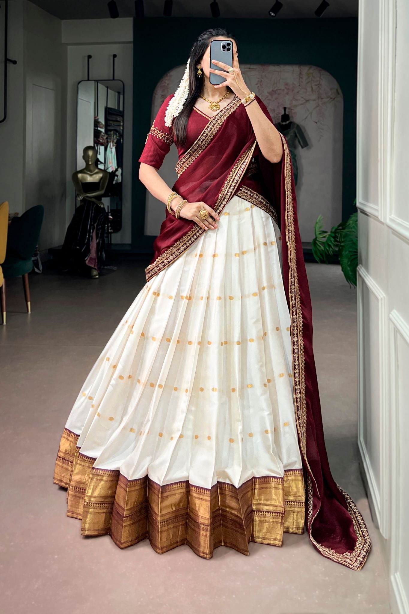 Ivory Maroon Silk Cotton Designer Lehenga Choli