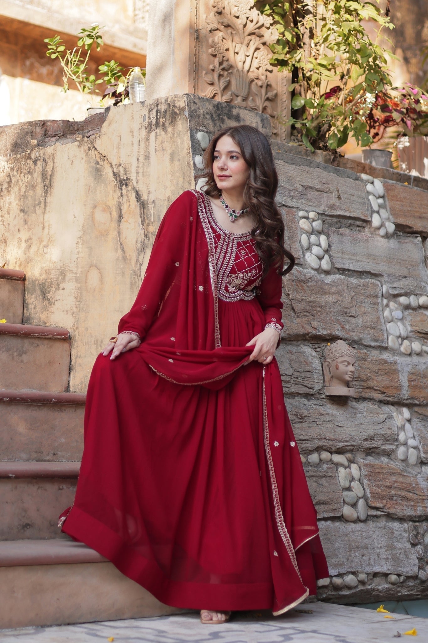 Designer Beads Embroidered Work Beautiful Wedding Gown With Dupatta Set