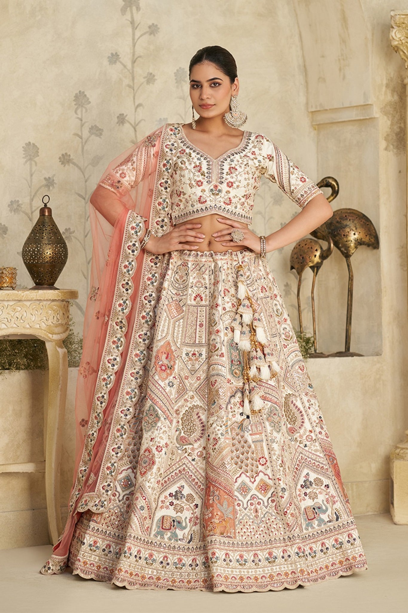 Royal Grandeur Cream Zari Embroidered Bridal Lehenga