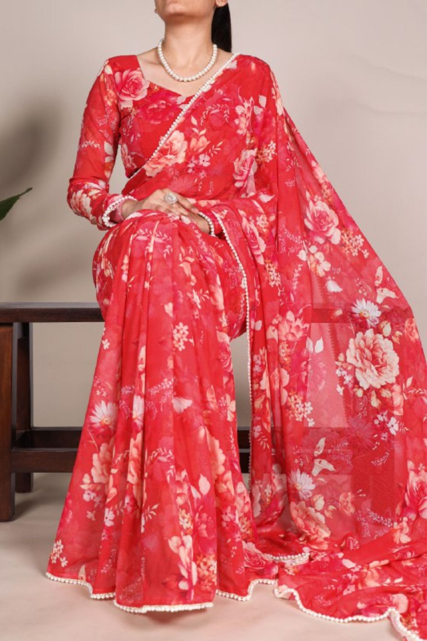 Elegant Pearl Lace Detailing Floral Printed Saree