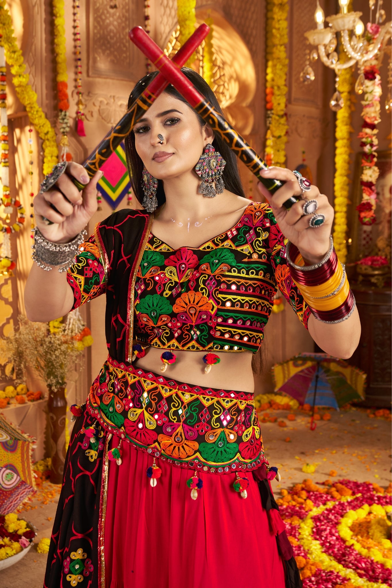 Festive Designer Viscose Cotton Multi Tread With Mirror Work Traditional Navratri Lehenga Choli