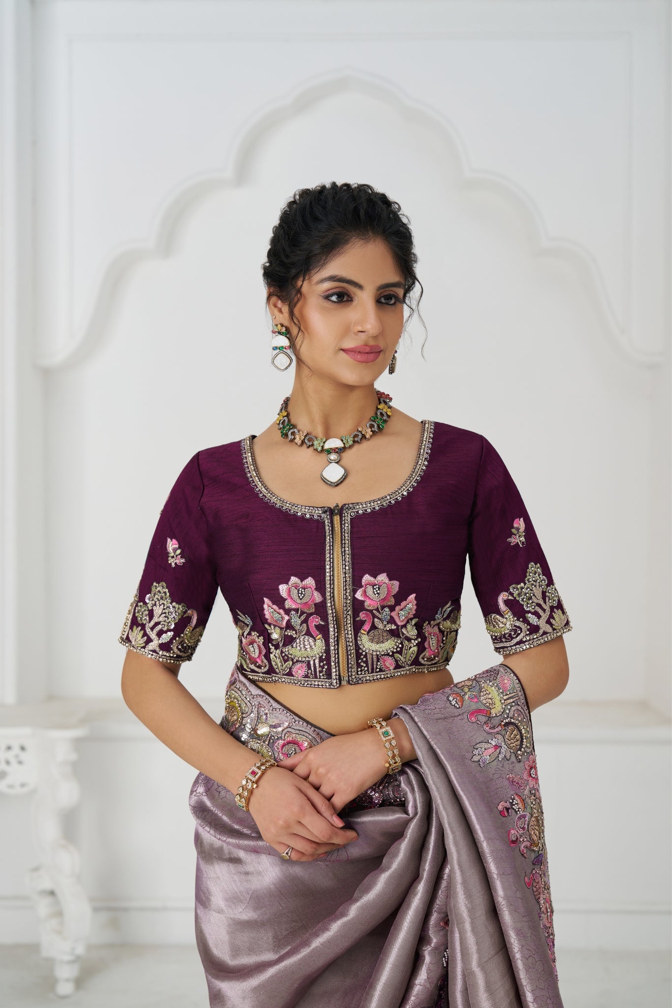 Mauve Luxury Wedding Saree With Multi-Thread Bead Embroidery & Sequin Work