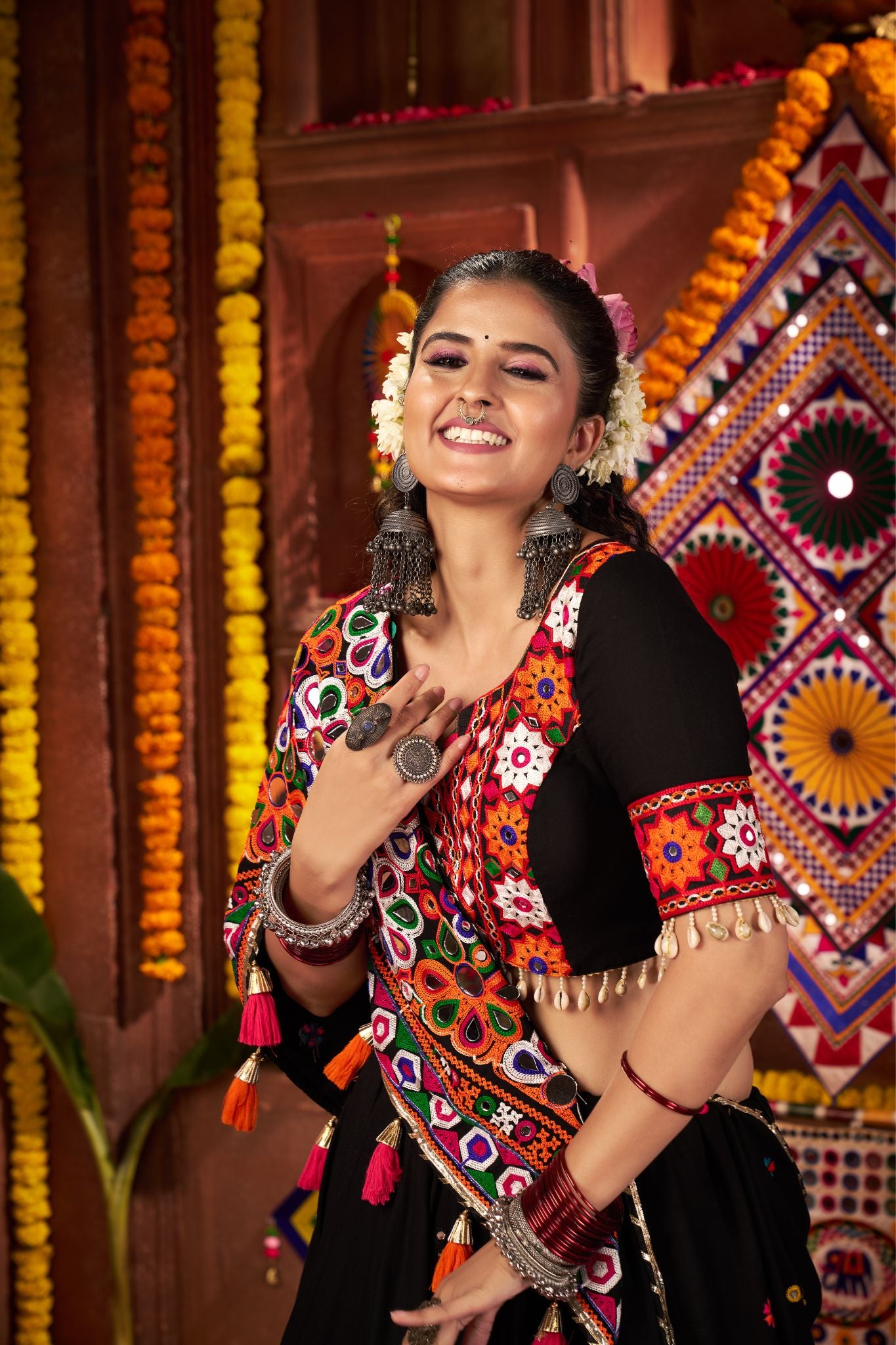 Black Thread With Mirror Hand Work Viscose Cotton Navratri Lehenga Choli
