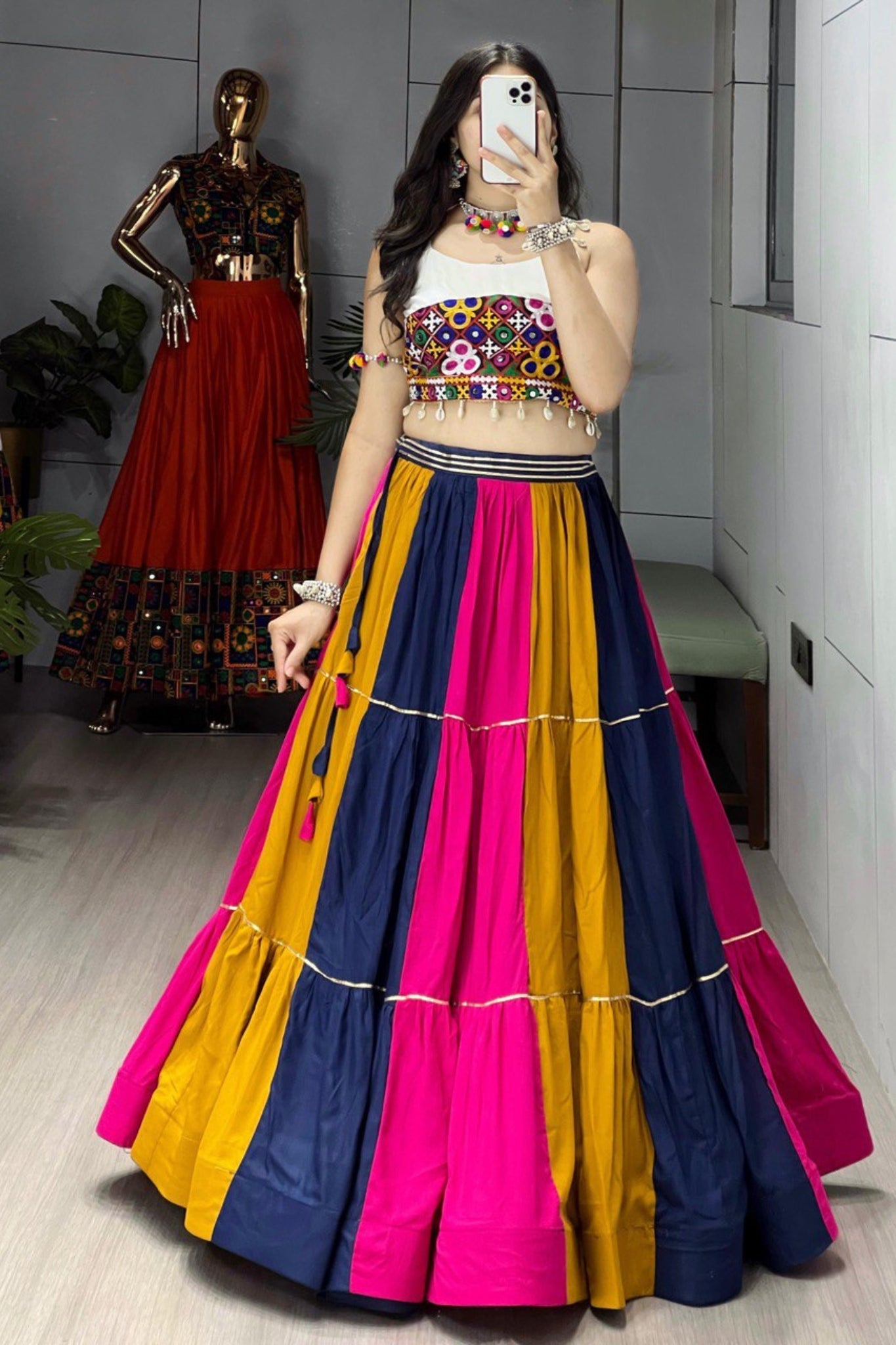 Navratri Special Multicolor Real Mirror Work With Pure Kutchhi Embroidery Lehenga Choli For Women