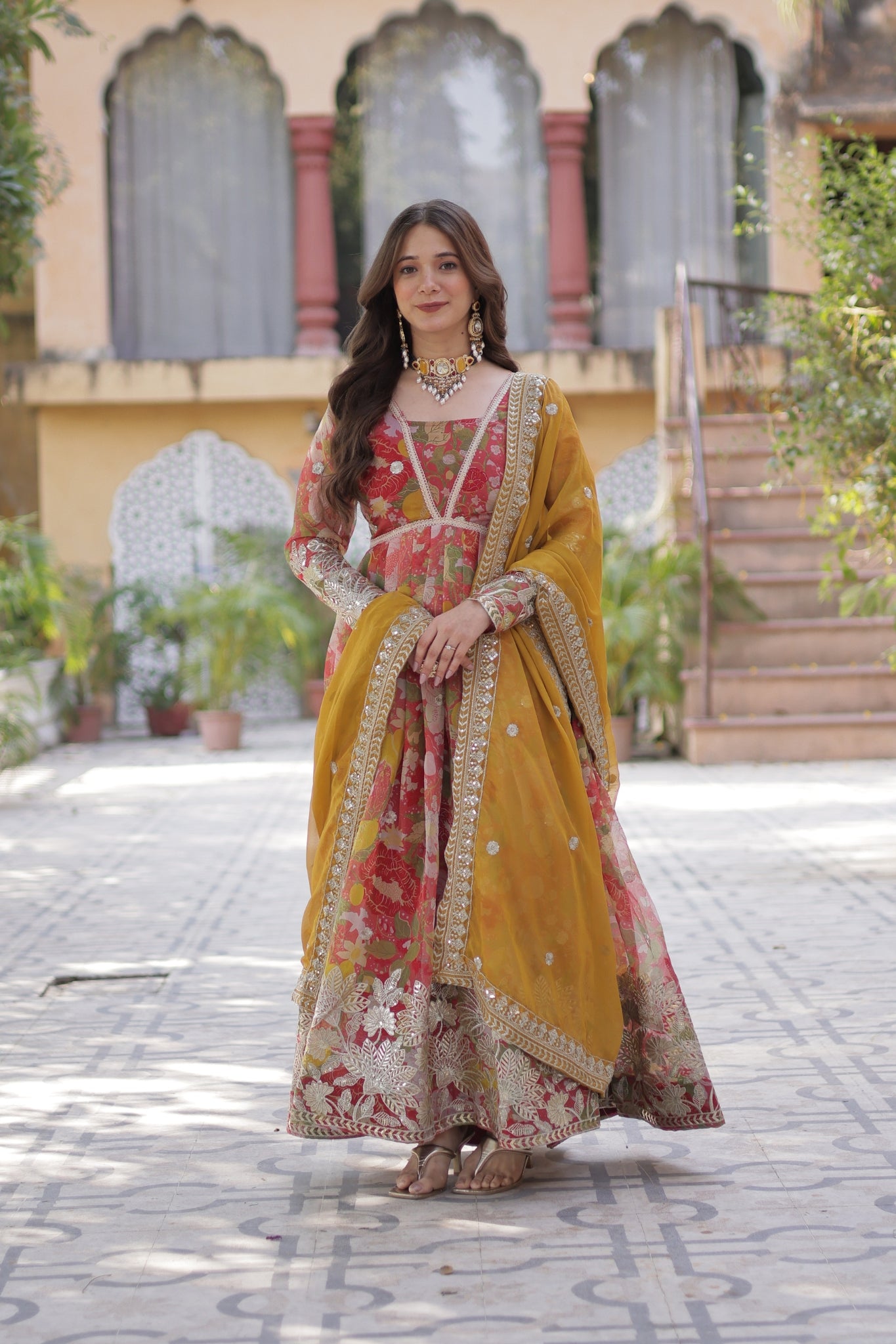 Designer Printed Gold Sequins Embroidered Work Anarkali Gown
