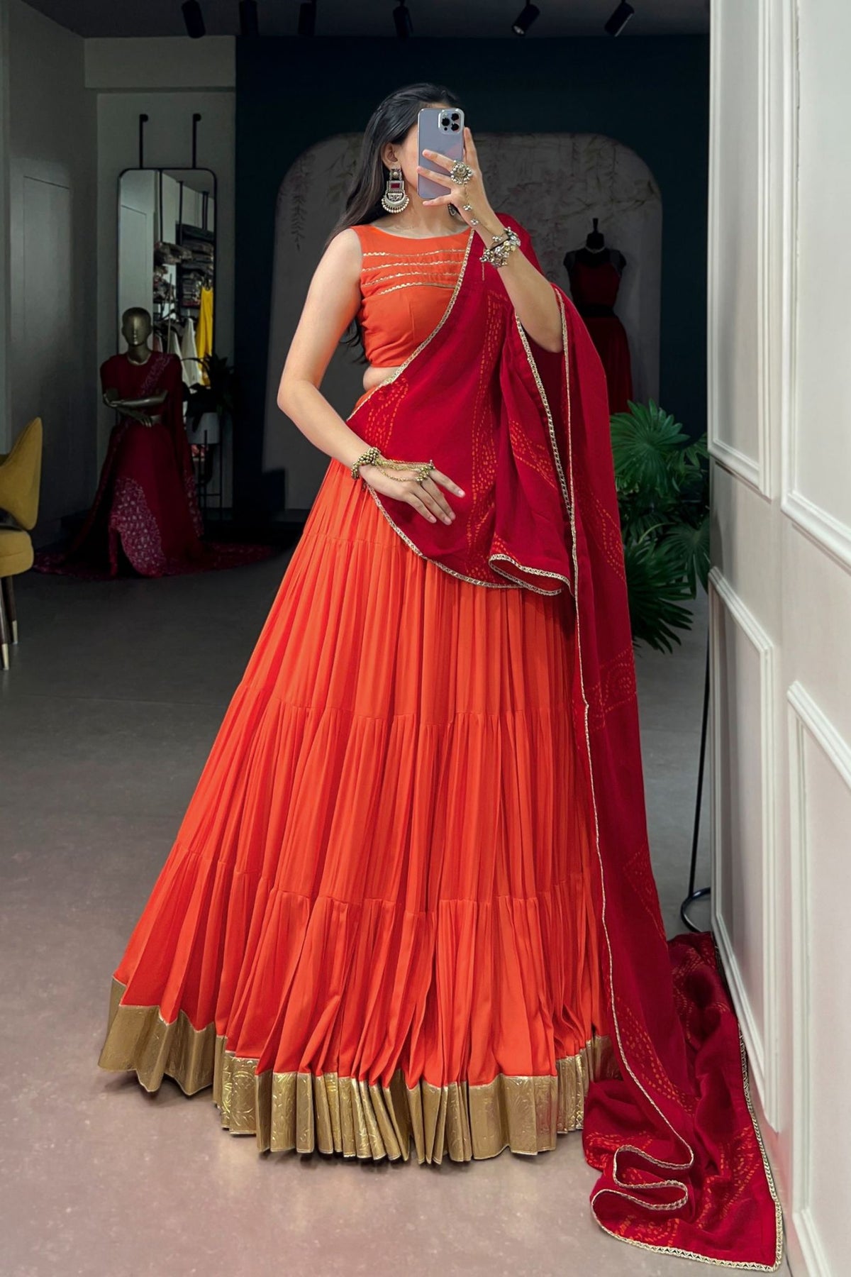 Orange Rayon Navratri Lehenga Choli With Chiffon Dupatta