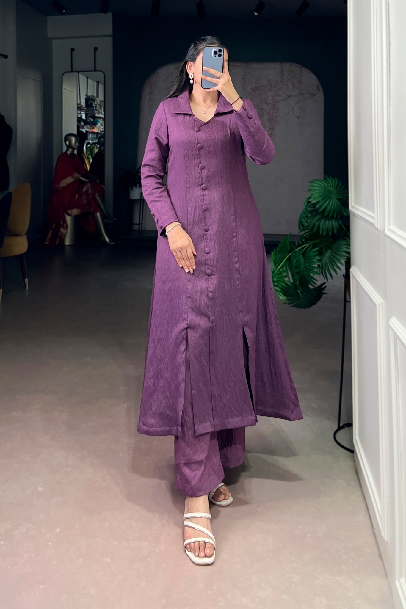Purple Soft Textured Fabric Kurta Co-Ord Set For Women