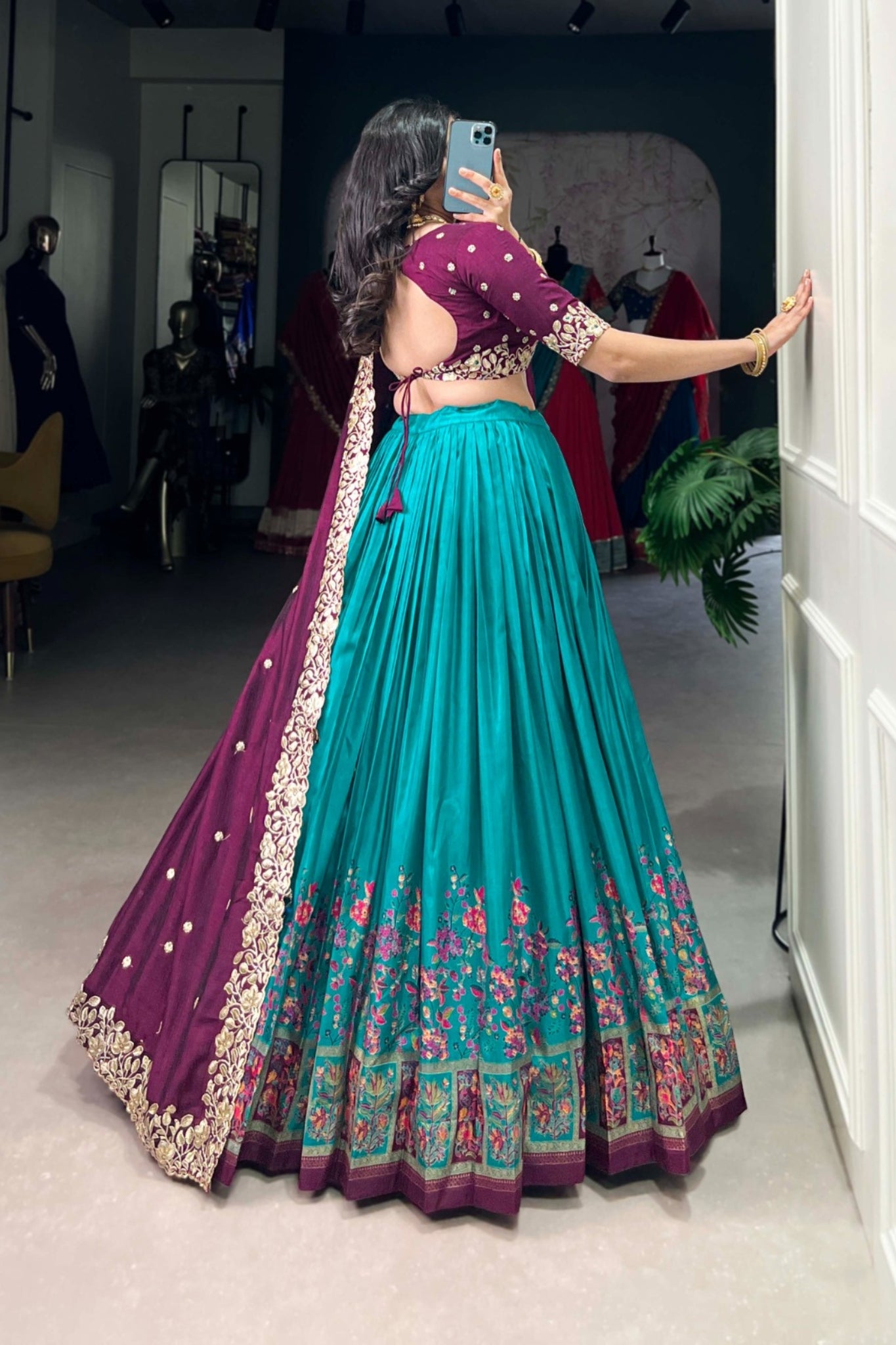 Designer Tussar Silk Printed Lehenga Set With Embroidered Blouse And Dupatta