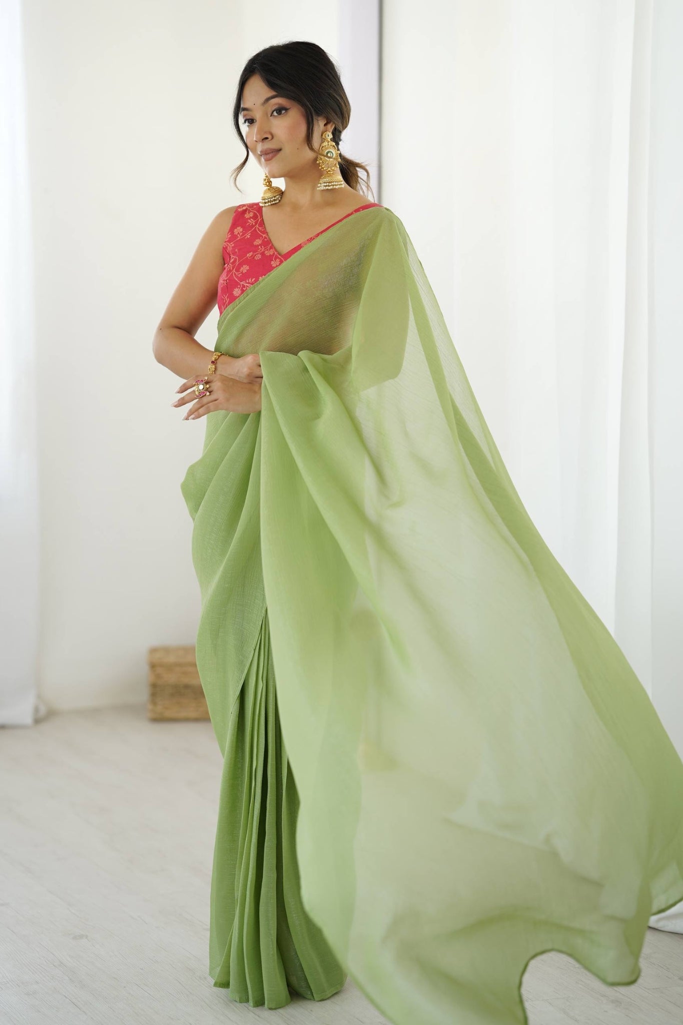 Ready To Wear Green Sparkle Silk Saree With Heavy Banarasi Blouse