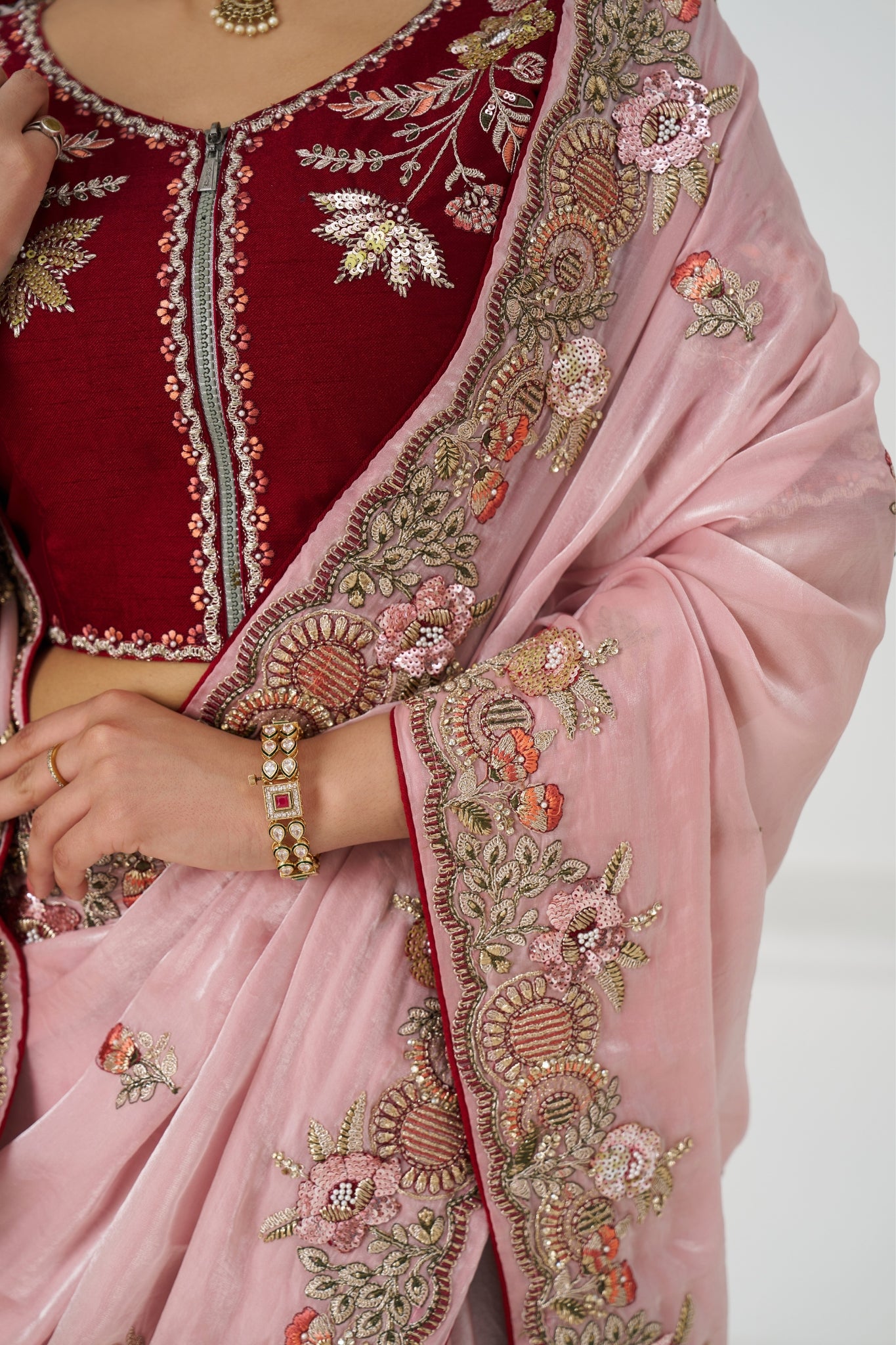 Pink Stylish Pure Fendi Silk Designer Saree
