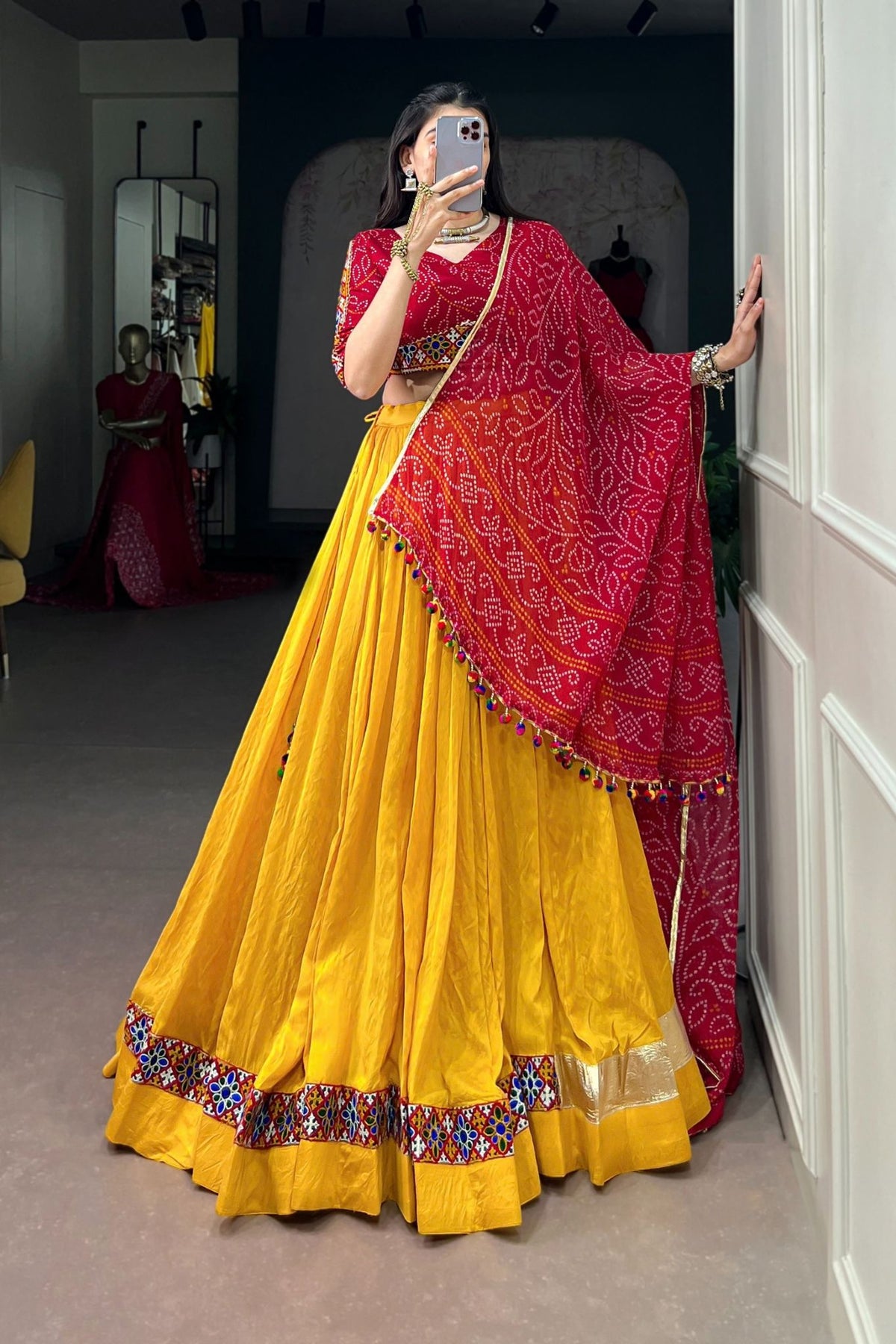 Chanderi Designer Bandhej Print With Gamthi Work Navratri Lehenga Choli