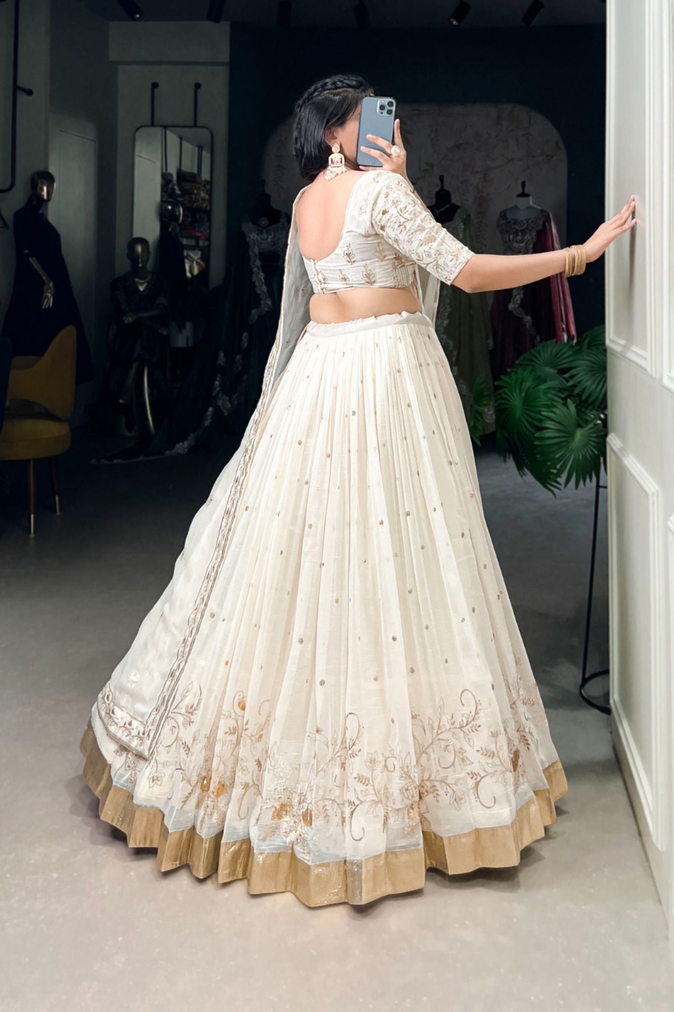 White Silver Glossy Sequins Embroidered Designer Lehenga Choli