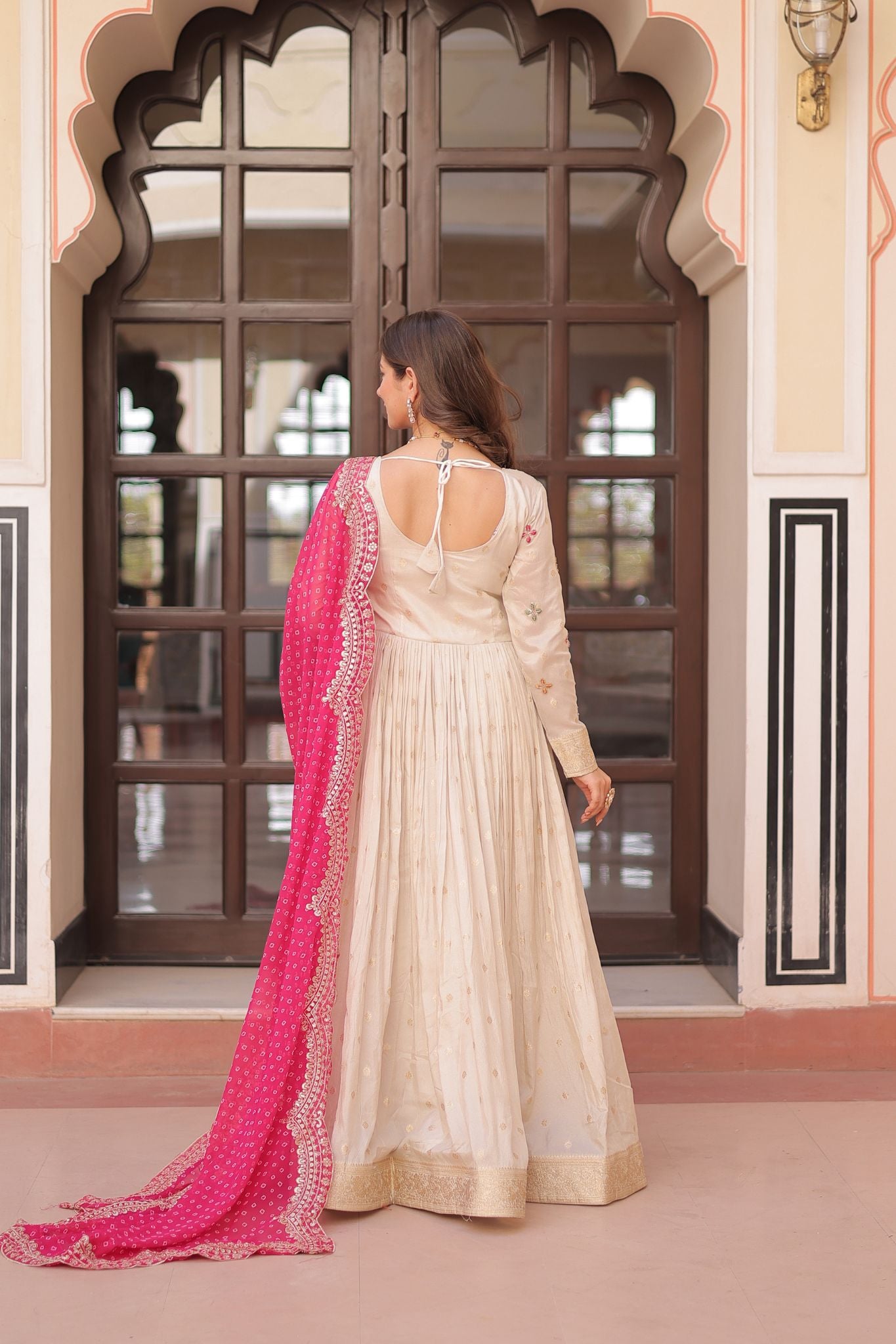 Cosmos Weaving Jacquard Crafted Pearl beads Embroidered Work Gown With Dupatta