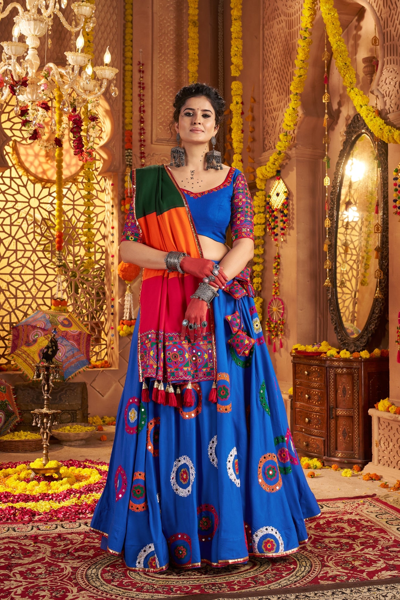 Viscose Cotton Elegant Thread Embroidered With Mirror Work Traditional Navratri Lehenga Choli
