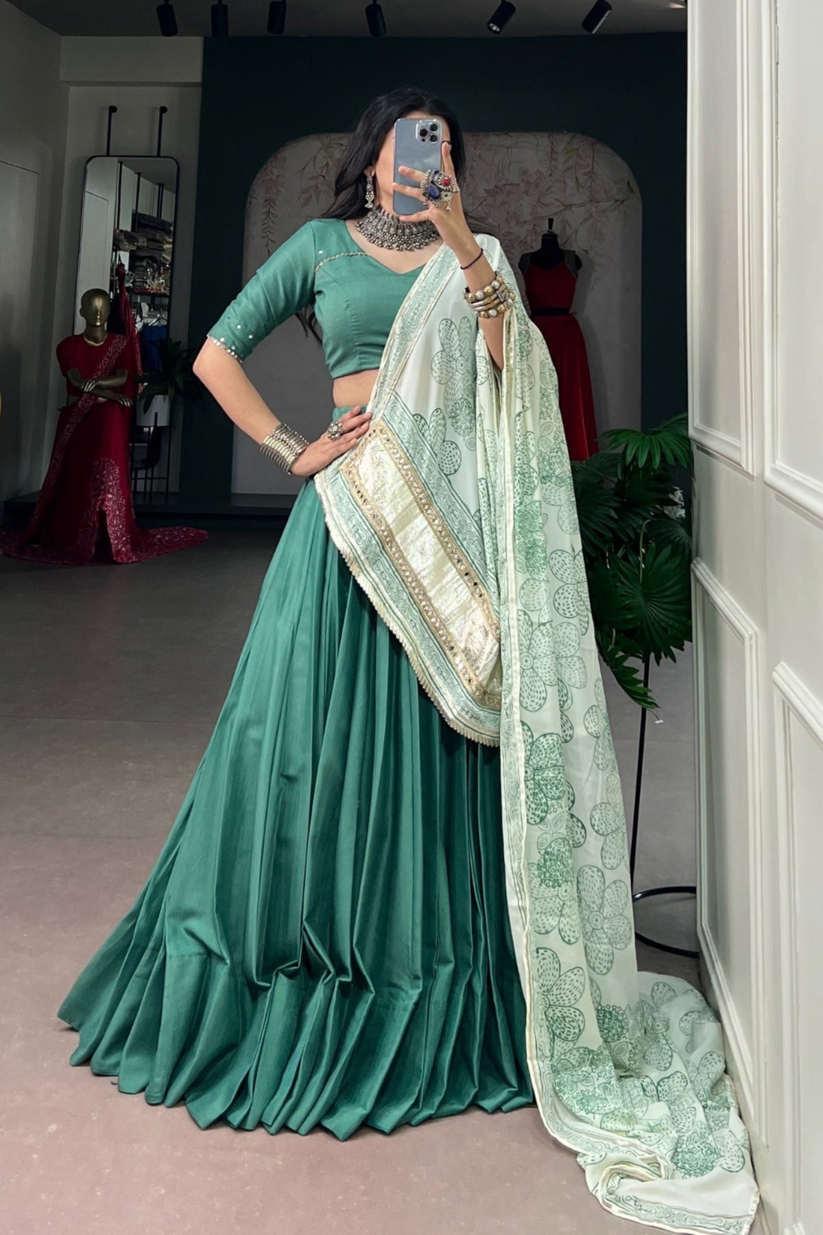 Designer Satin Silk Lehenga Choli With Floral Printed mirror Work Detailing Dupatta