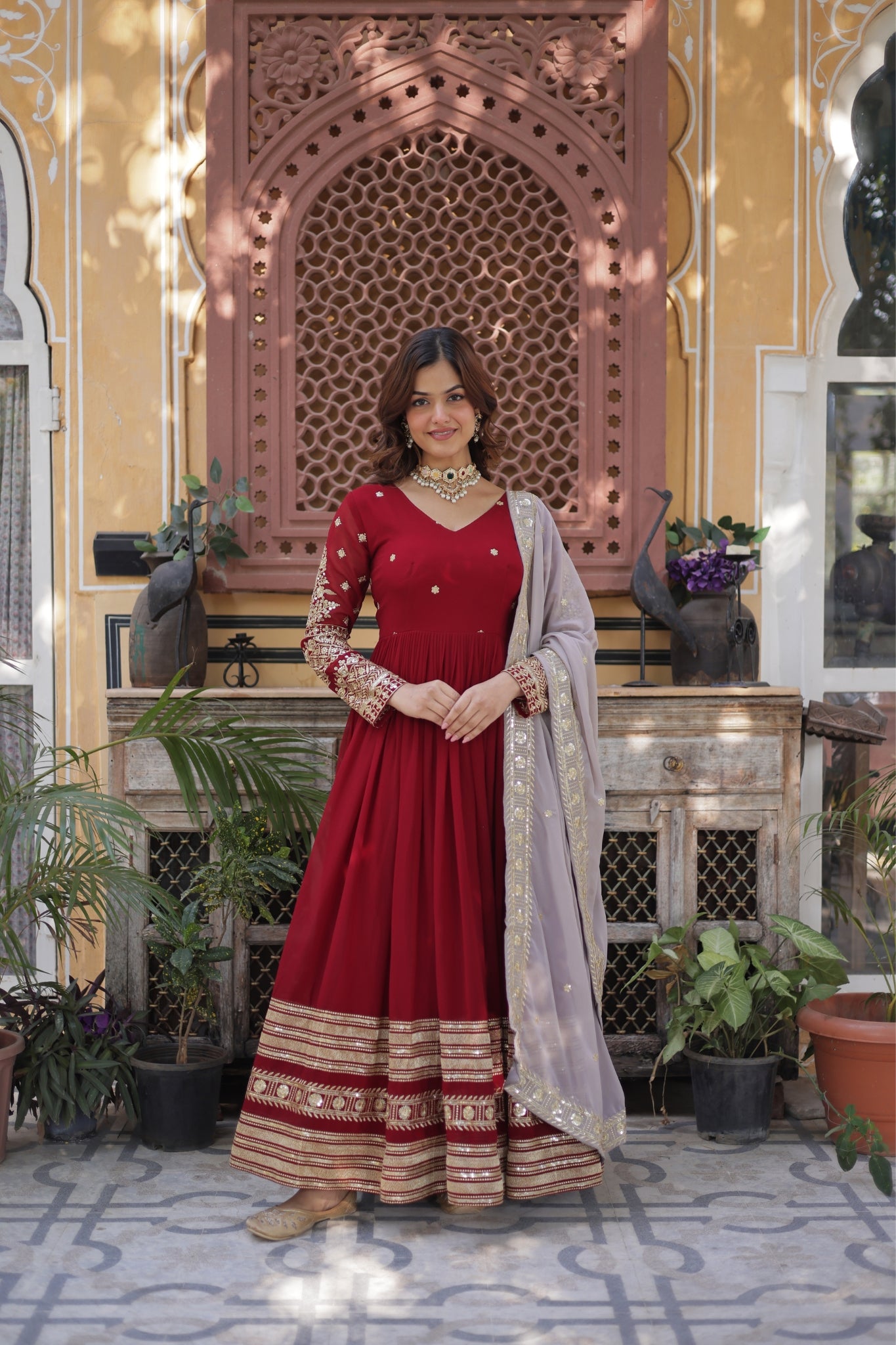 Traditional Maroon Embroidery Sequins Work Anarkali Suit Set