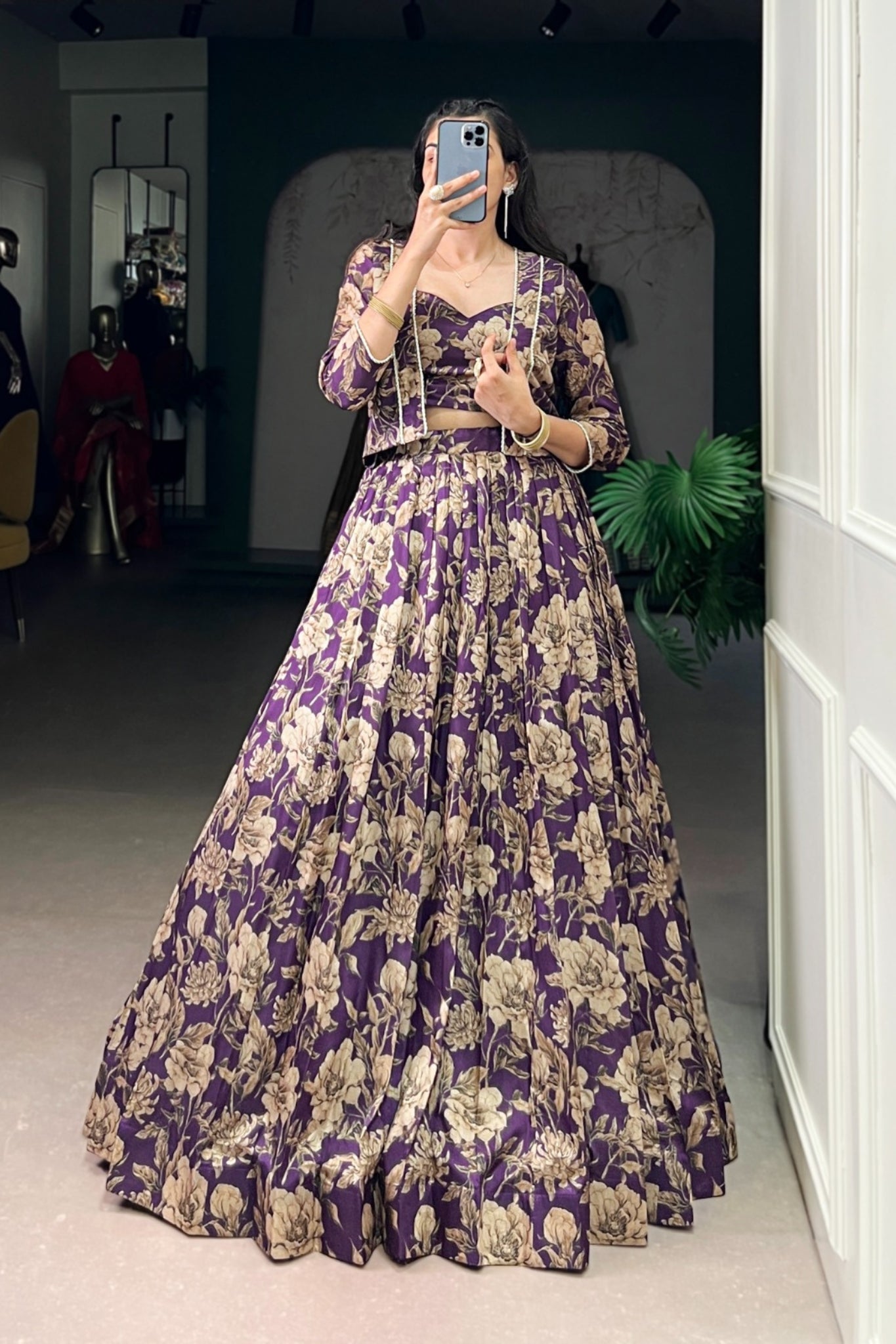 Luxury Tasar Silk Floral Print Lehenga Set With Stylish Koti