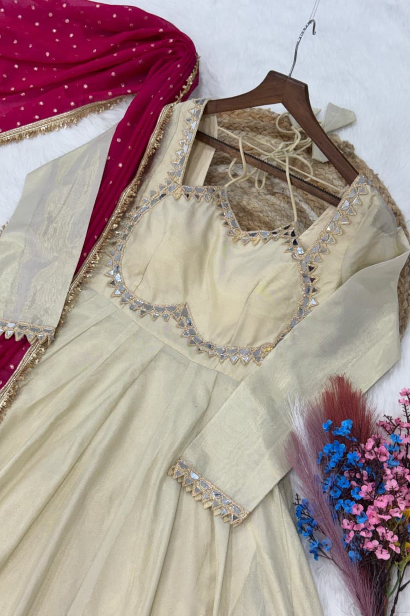 Cosmos Real Mirror Work Designer Embroidered Anarkali Gown With Dupatta