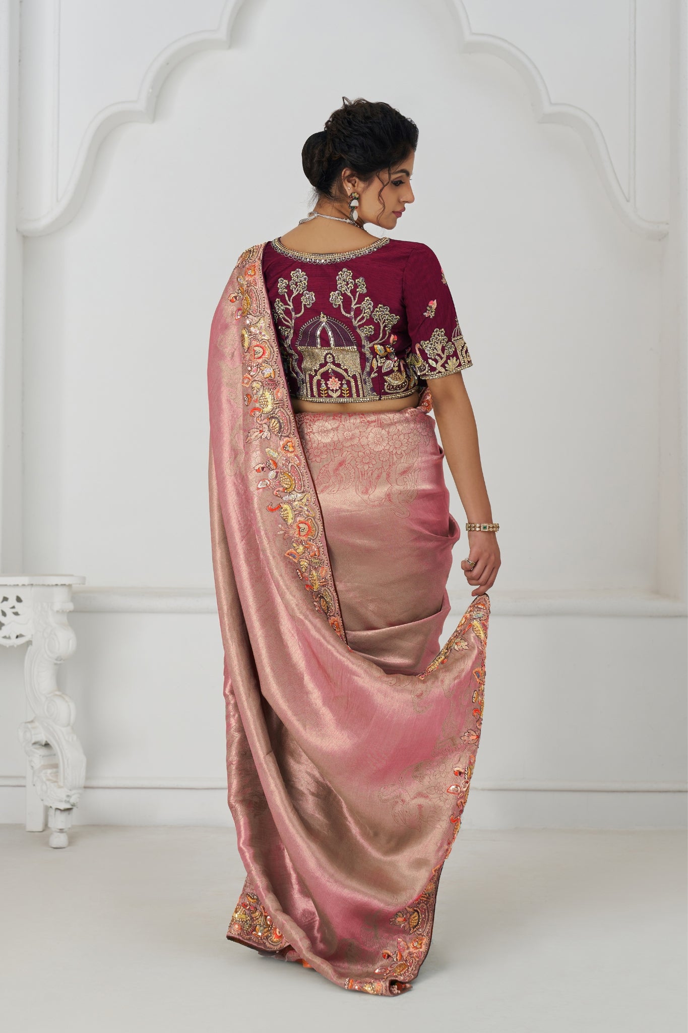 Pink Luxury Wedding Saree With Multi-Thread Bead Embroidery & Sequin Work