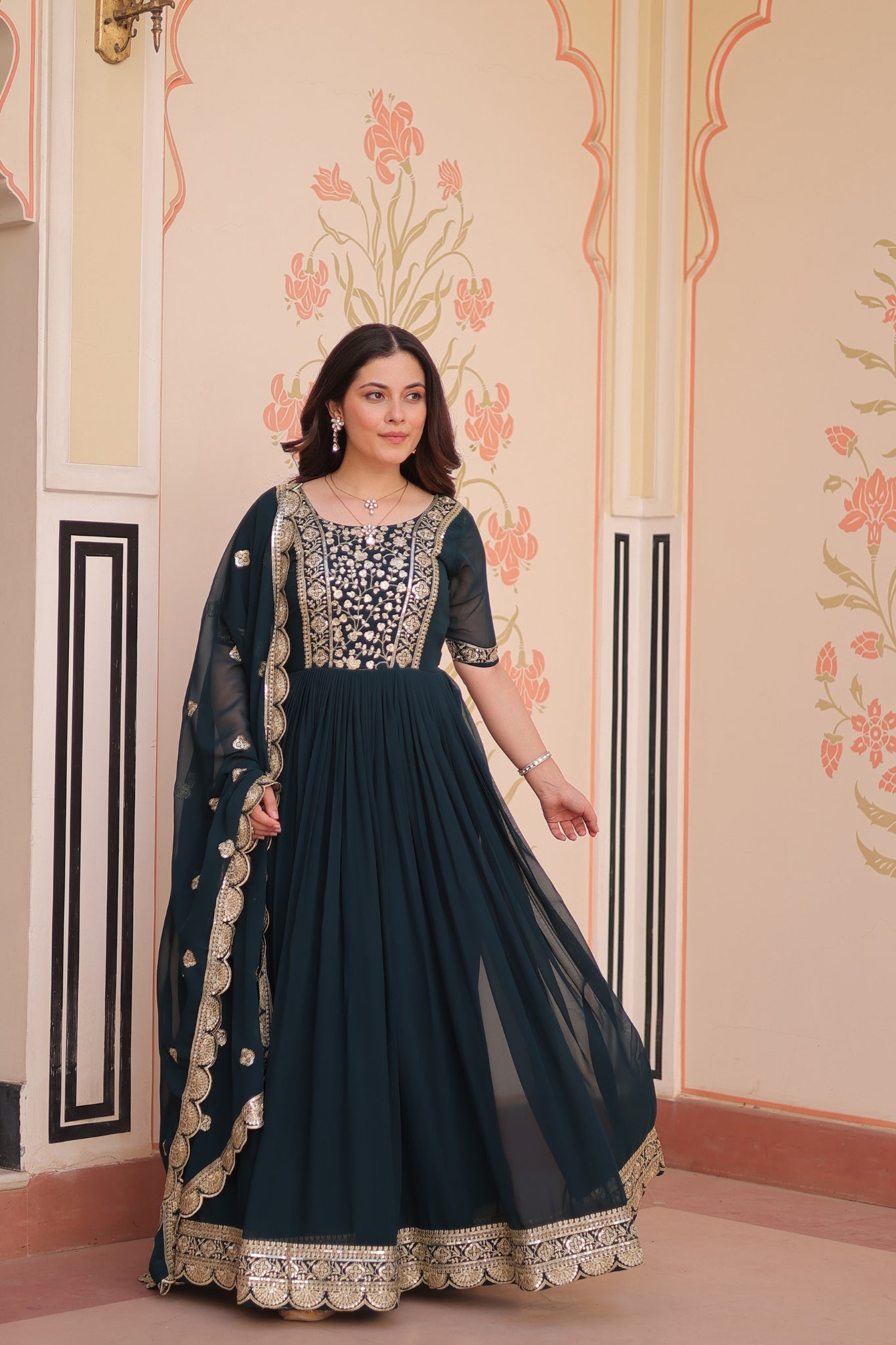 Embroidery Zari Sequins Work Designer Gown With Dupatta Set