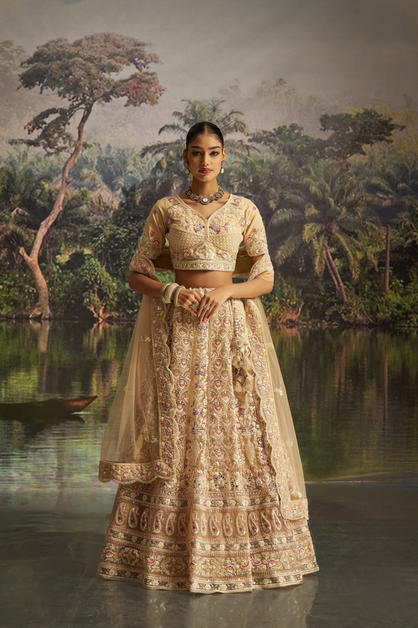 Regal Pastel Gold Heavy Embroidered Bridal Lehenga Set