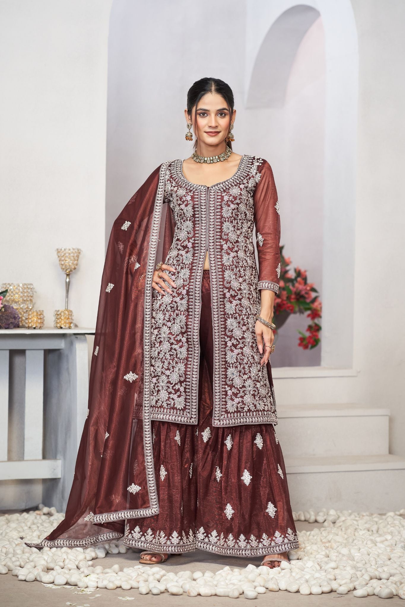 Brown Sequins Embroidered With Real Mirror Work Sharara Set Of 3