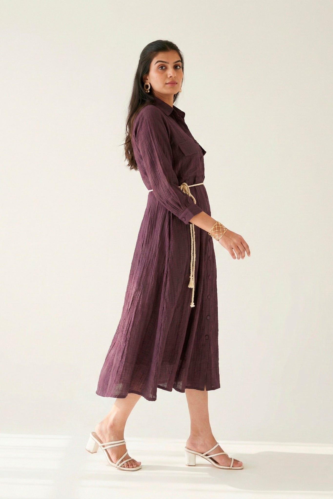 Premium Crackle Fabric Button Down Midi Frock For Women