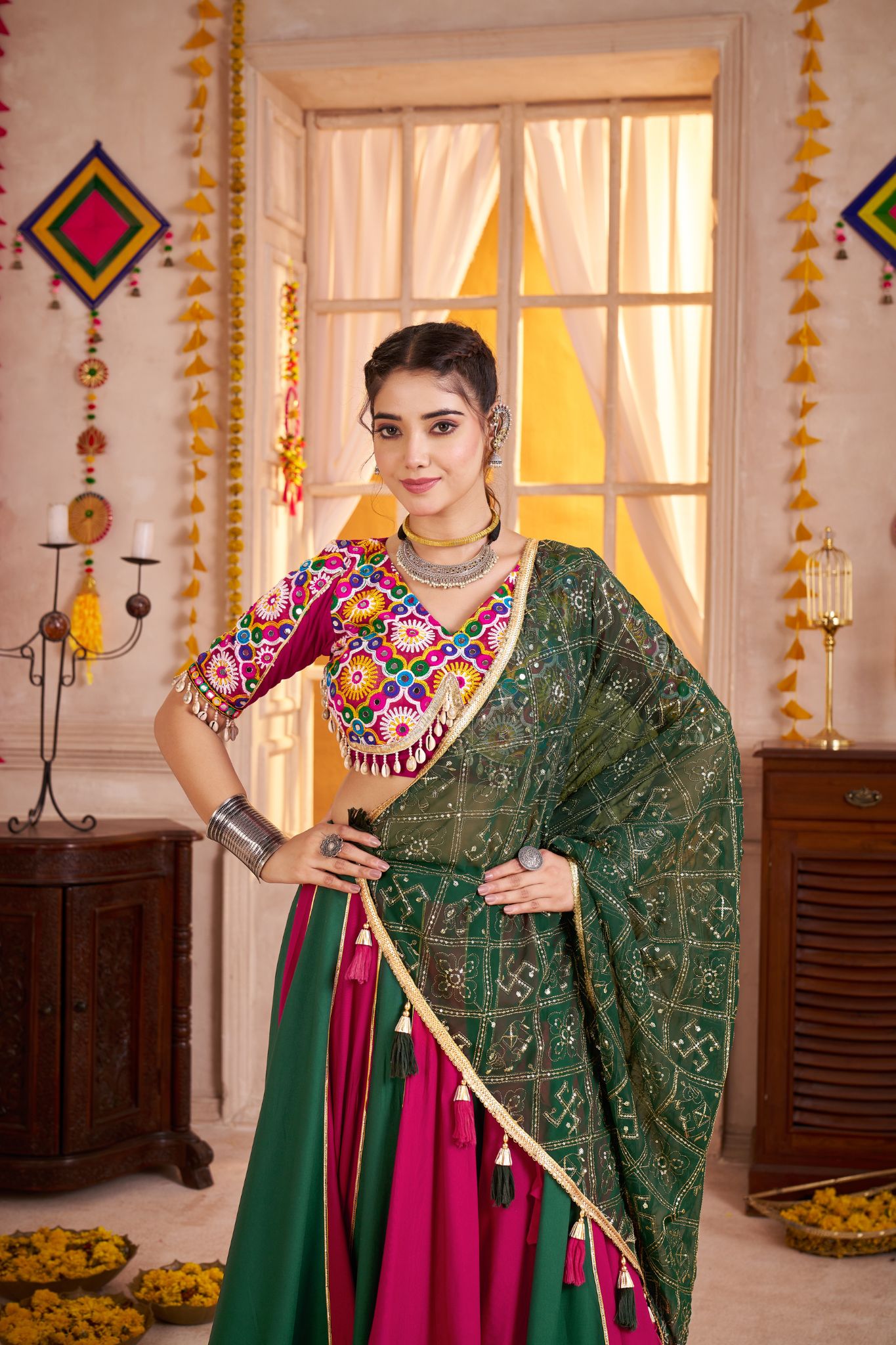 Multi Color Viscose Cotton Traditional Designer Navratri Lehenga Choli