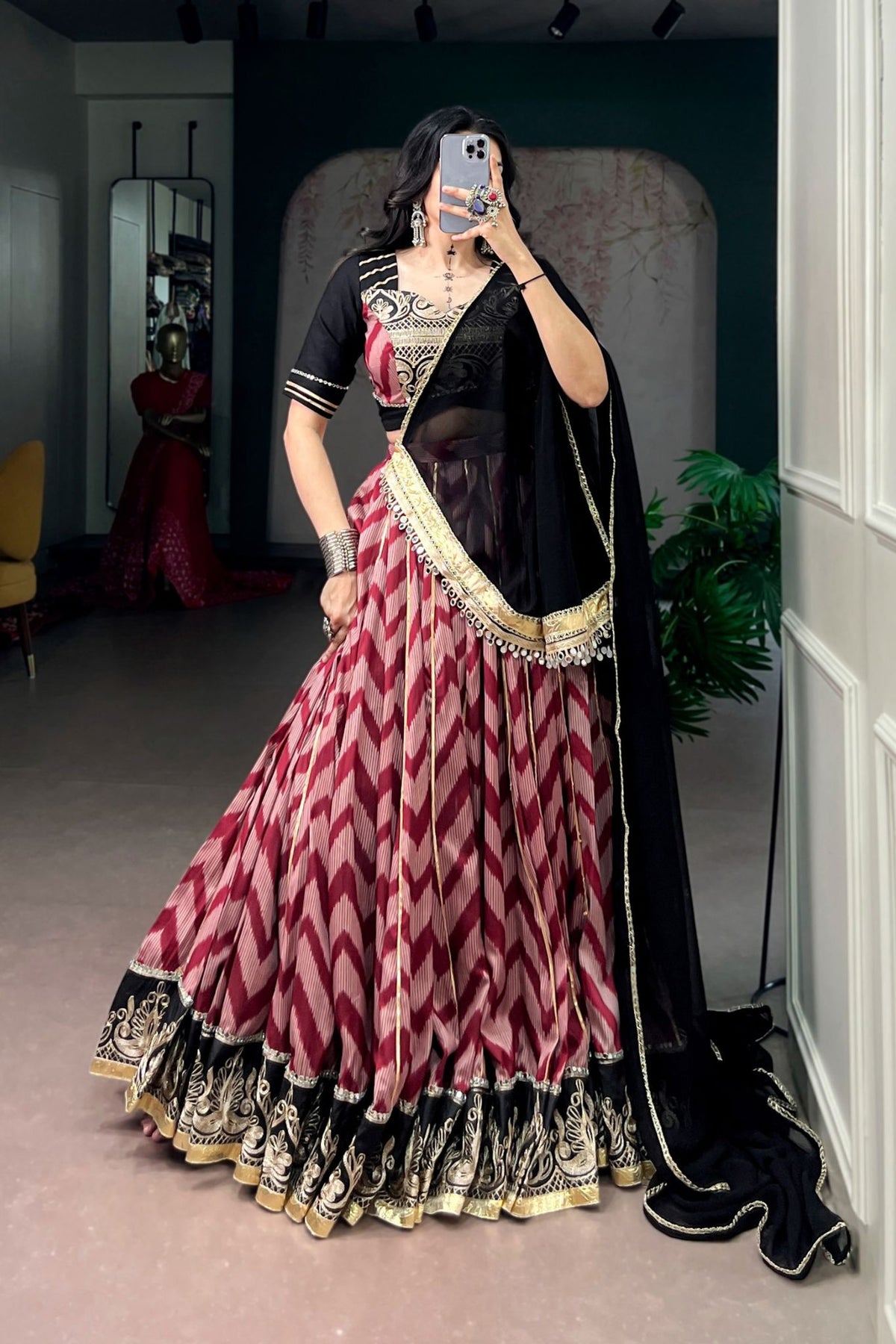 Designer Tasar Silk Mirror Work Navratri Chaniya Choli