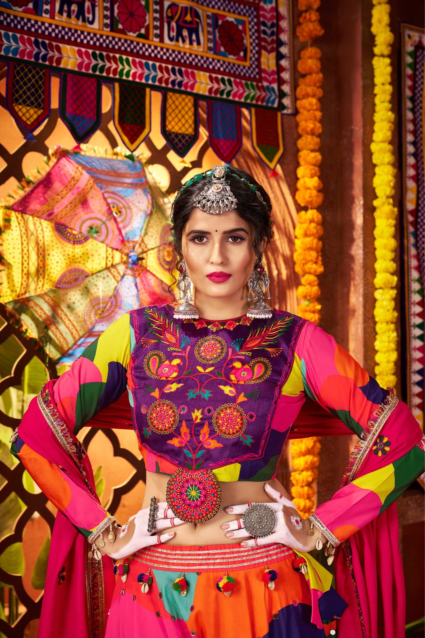 Beautiful Multi Color Designer Maslin Traditional Navratri Special Lehenga Choli