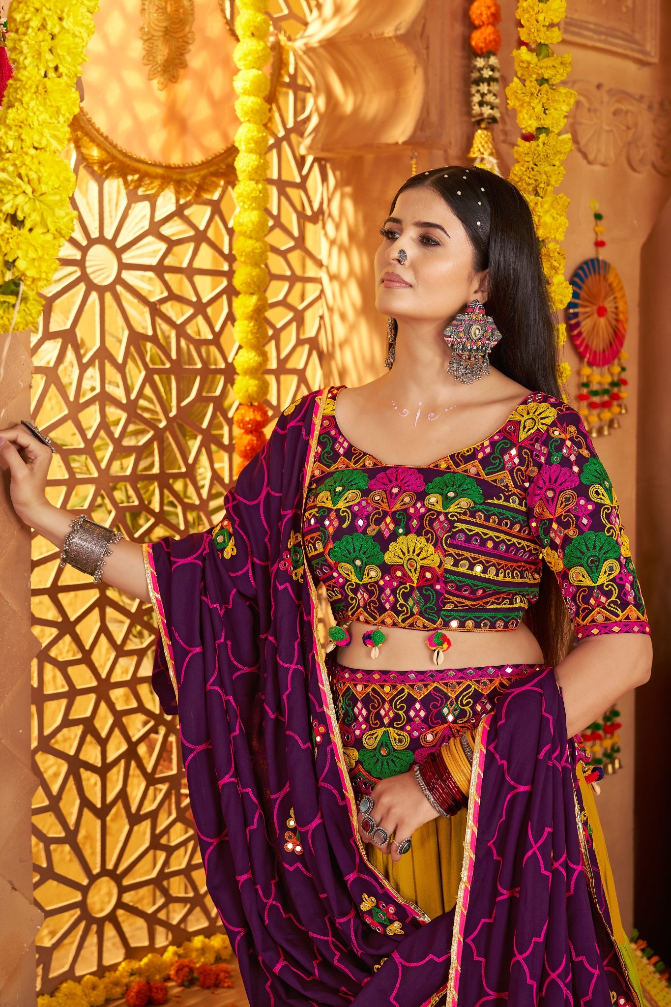 Designer Festive Spirit Viscose Cotton Multi Tread With Mirror Work Traditional Navratri Lehenga Choli